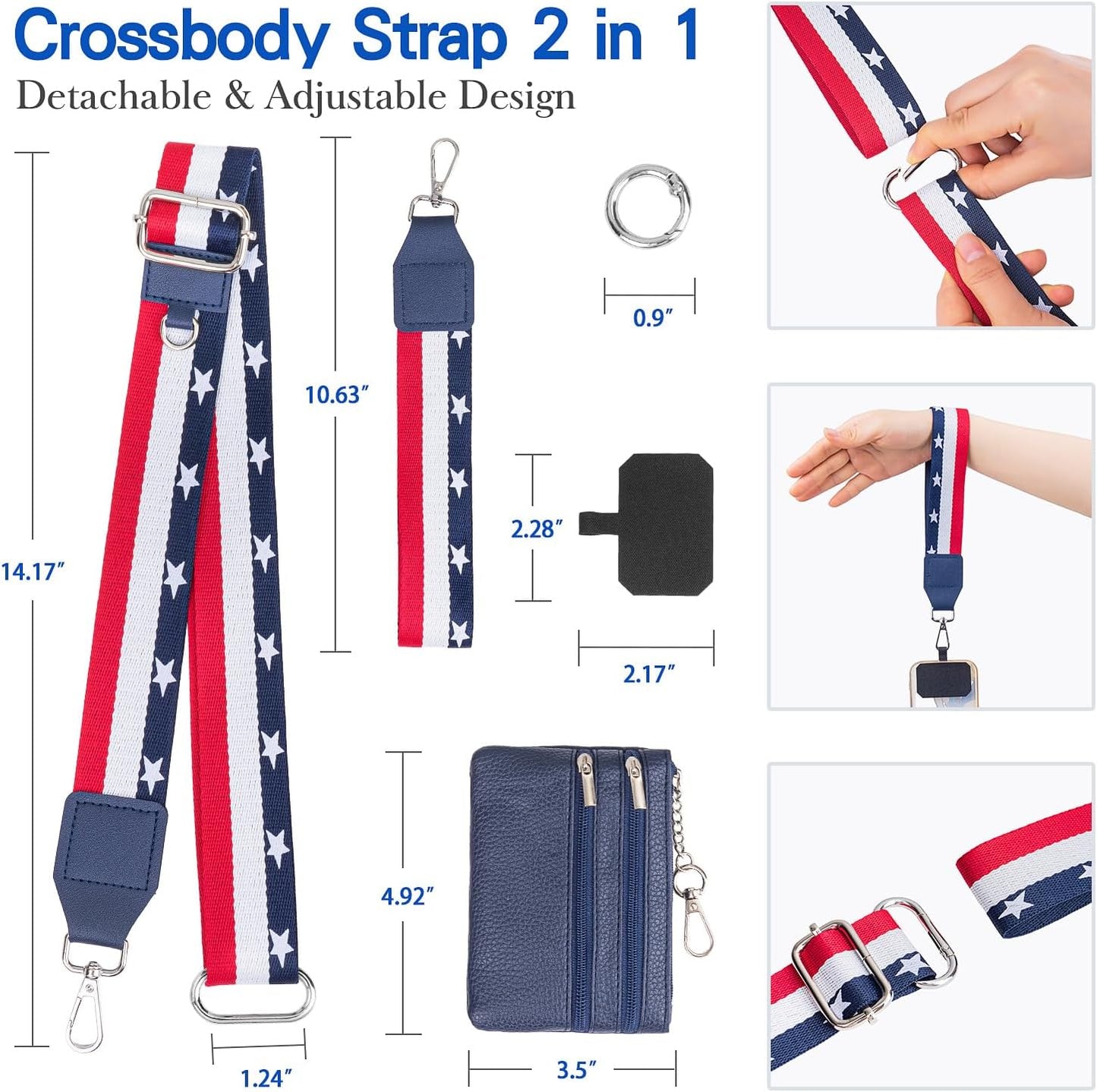 Clip and Go Phone Crossbody Strap with Wallet, 2 Pcs-Crossbody Lanyard & Wrist Holder for Cell Phones-2 Pads, Save Girls Phone Strap with Zipper Bag, Adjustable Neck Lanyard for Women (Flag Color)