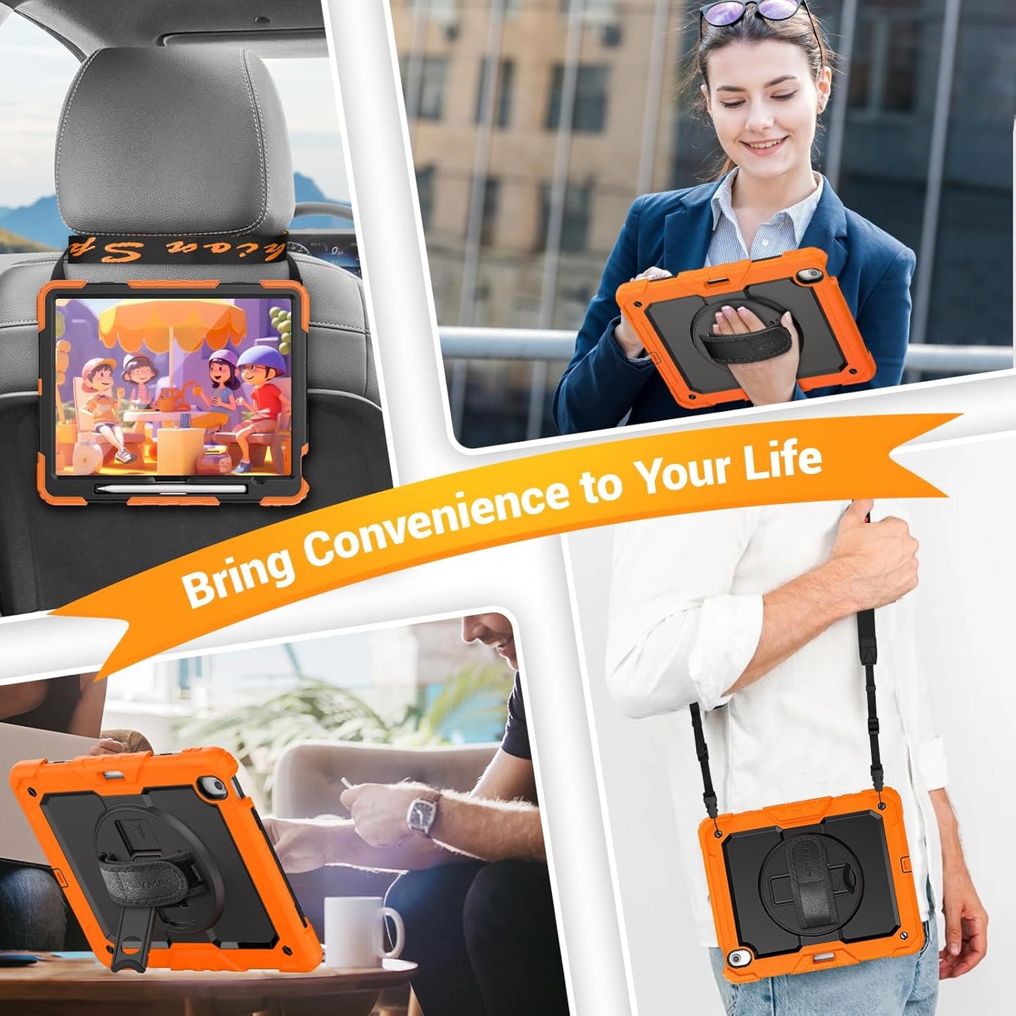 SEYMAC for iPad Air 13 Inch Case M3 2025/ M2 2024, Heavy Duty Shockproof Protective Case with Screen Protector, 360° Rotating Stand, Hand/Shoulder Strap and Pen Holder for iPad Air 13, Orange