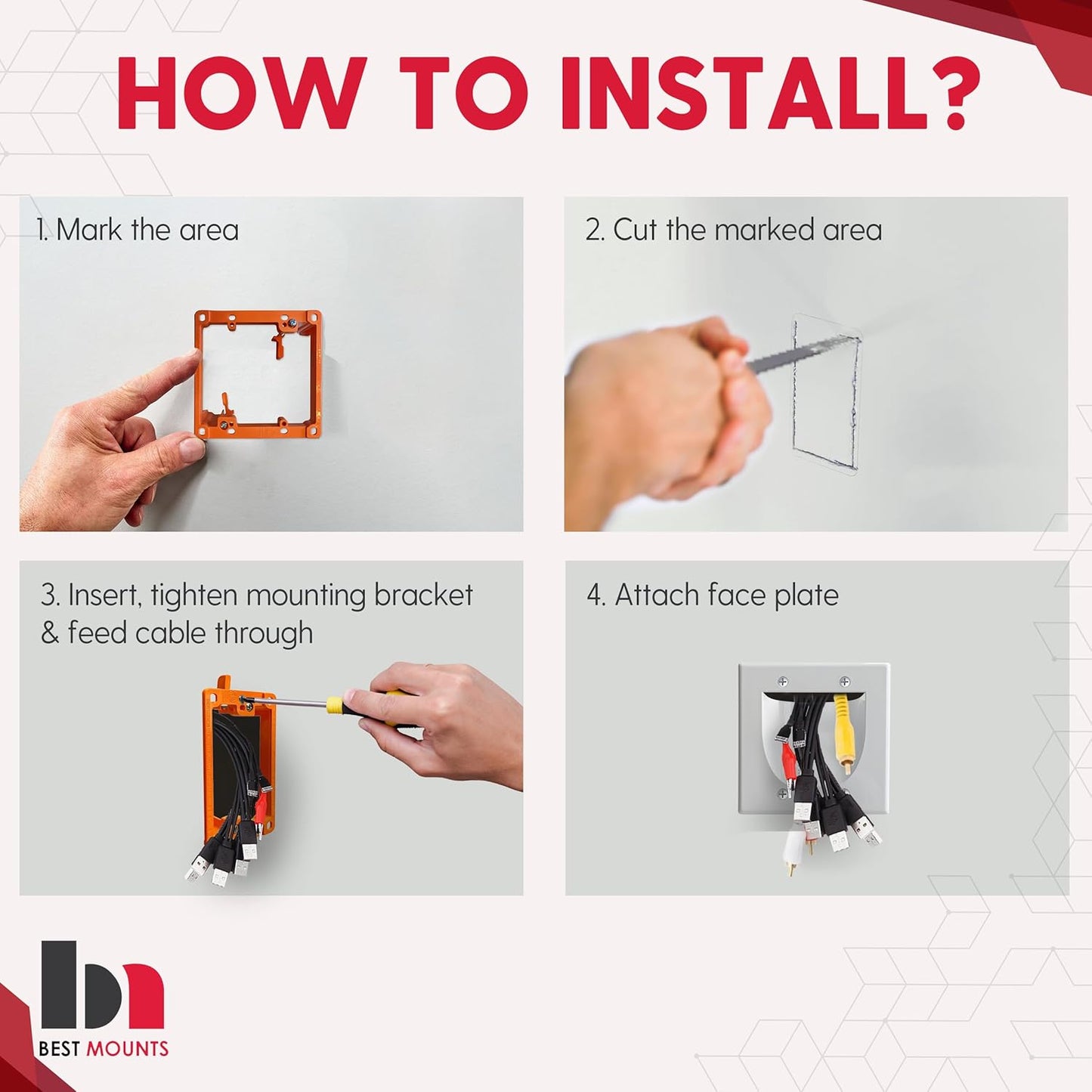 1 Pack Wall Plate with Bracket - In Wall Cable Management Kit - Recessed Wall Plate Cable Pass Through Pair with Dual Gang Low Voltage Mounting Bracket - TV Cord Hider for Wall Mounted TV