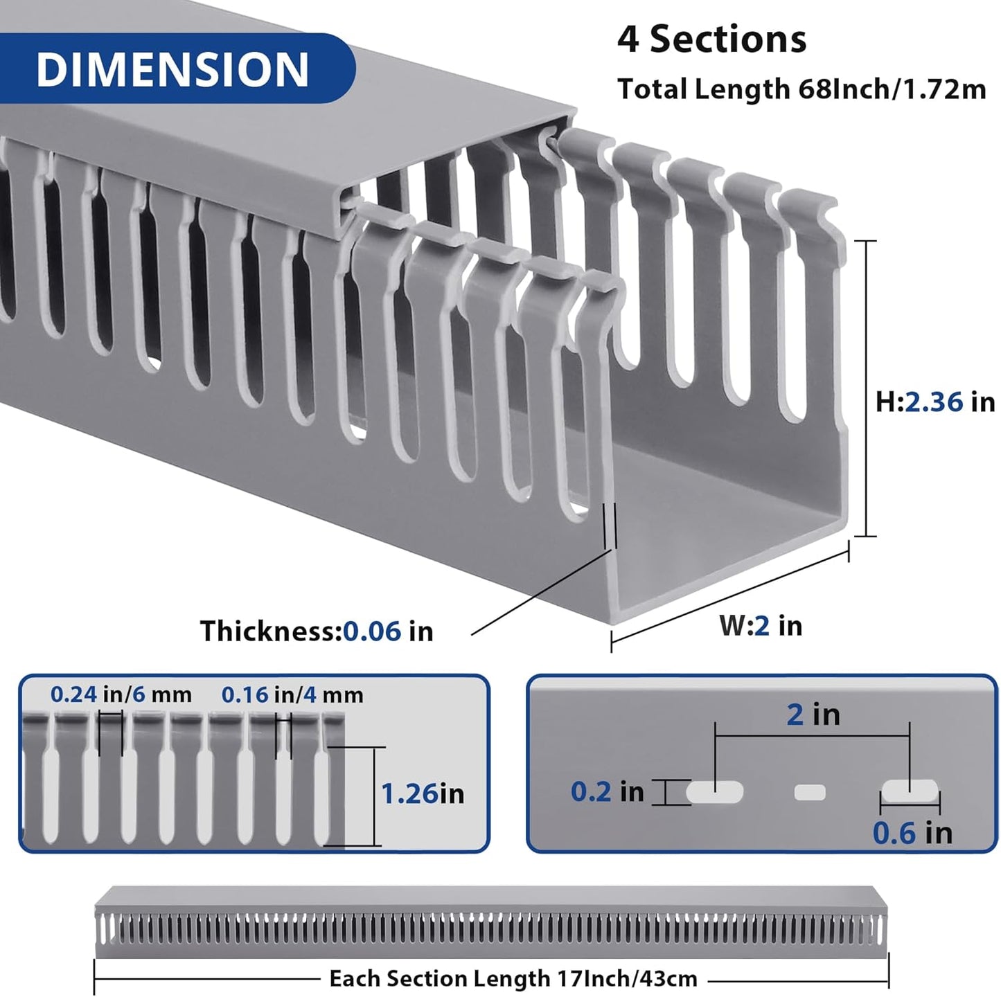 68in (4X L17in) Professional Server Rack Cable Management Raceway, H2.4 x W2in Large Capacity Cable Raceway Kit, Electrically Safe PVC, Open Slot Wire Raceway for Under Desk/Computer/Network Cords