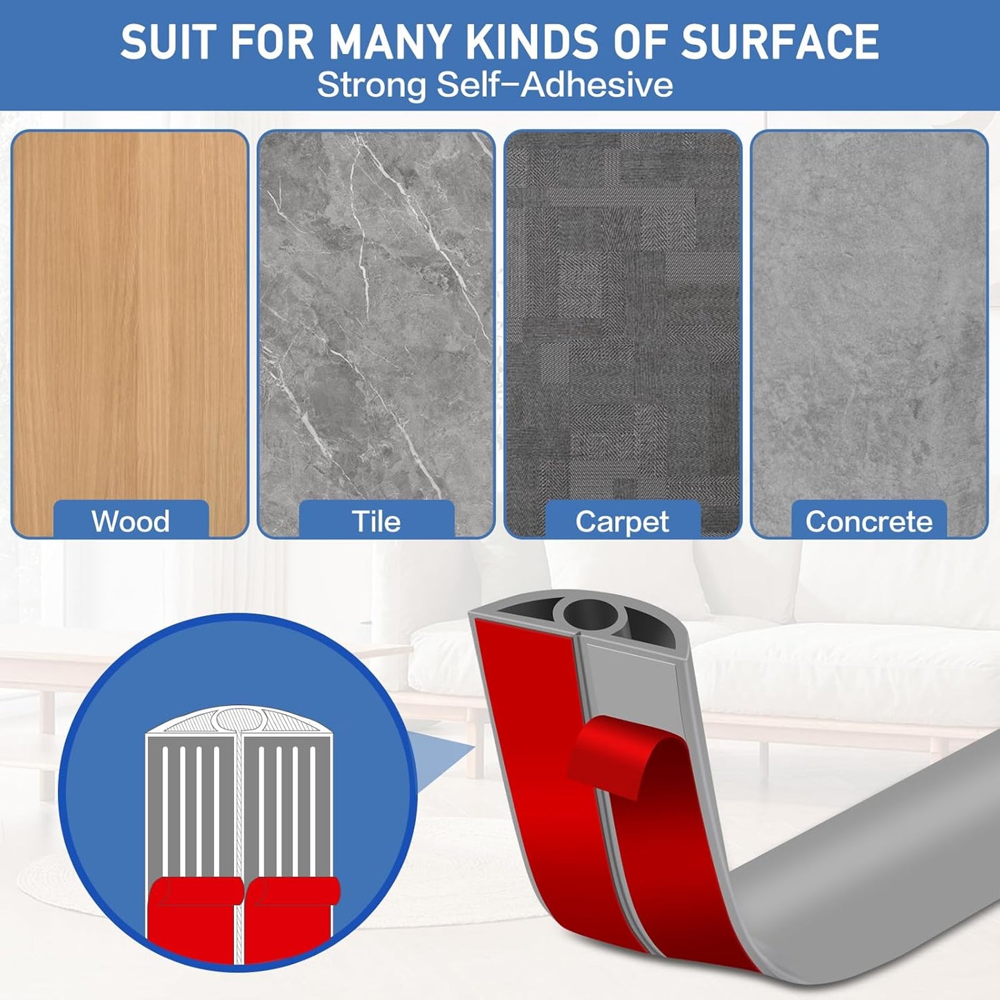 Floor Cord Cover Self Adhesive Cord Hider Floor Extension Cord Covers for Floor Power Cord Protector Cable Management Prevent Cable Trips Cable Cavity 0.32" W x 0.32" H (Grey, 20Ft)