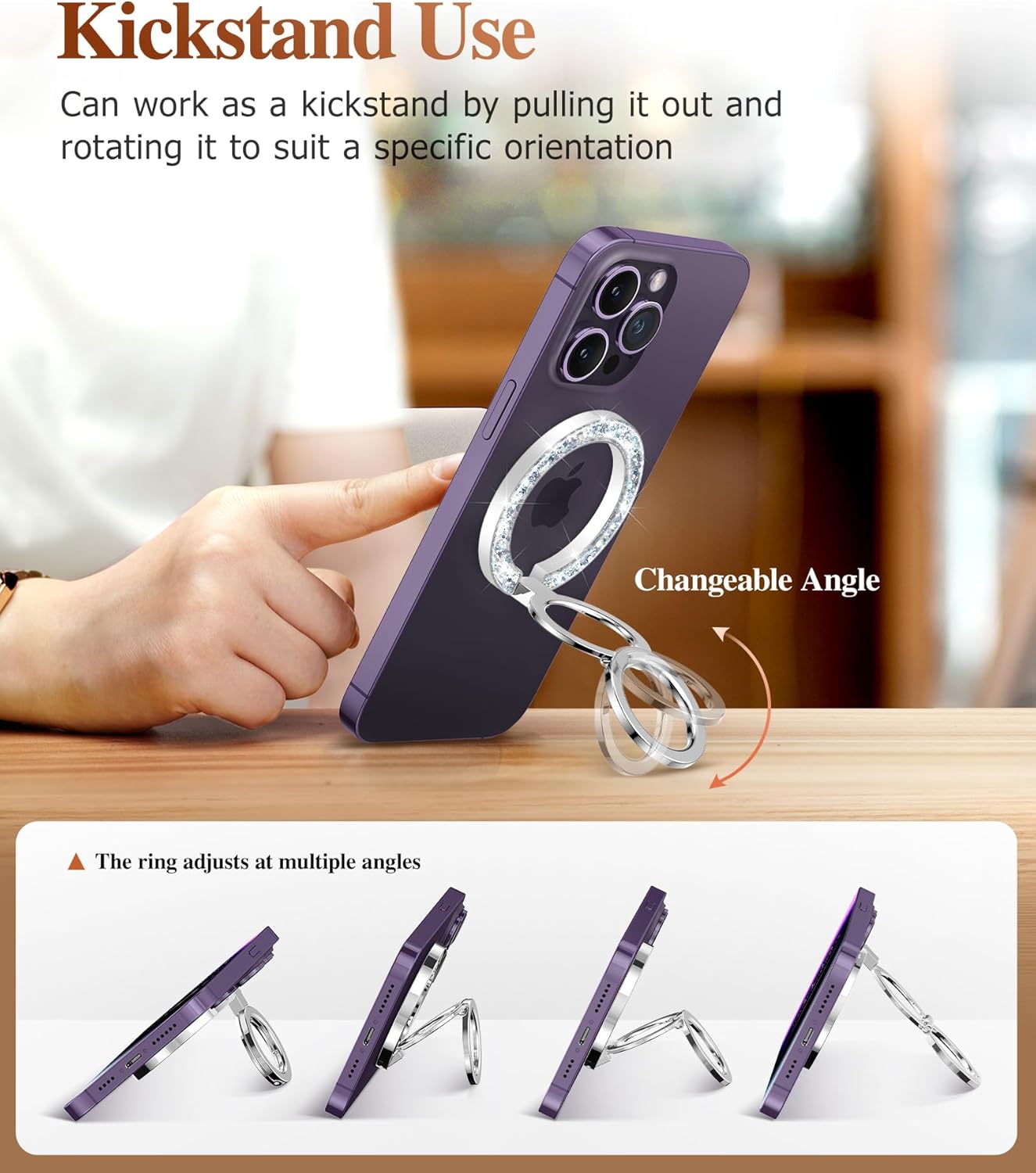 GVIEWIN Magnetic Phone Ring Holder, Compatible with MagSafe Phone Grip with Adjustable Stand, Magnet Phone Ring Kickstand for iPhone 16 Pro Max/Plus/15/14/13/12 Series/Other Phones (Glitter/Silver)