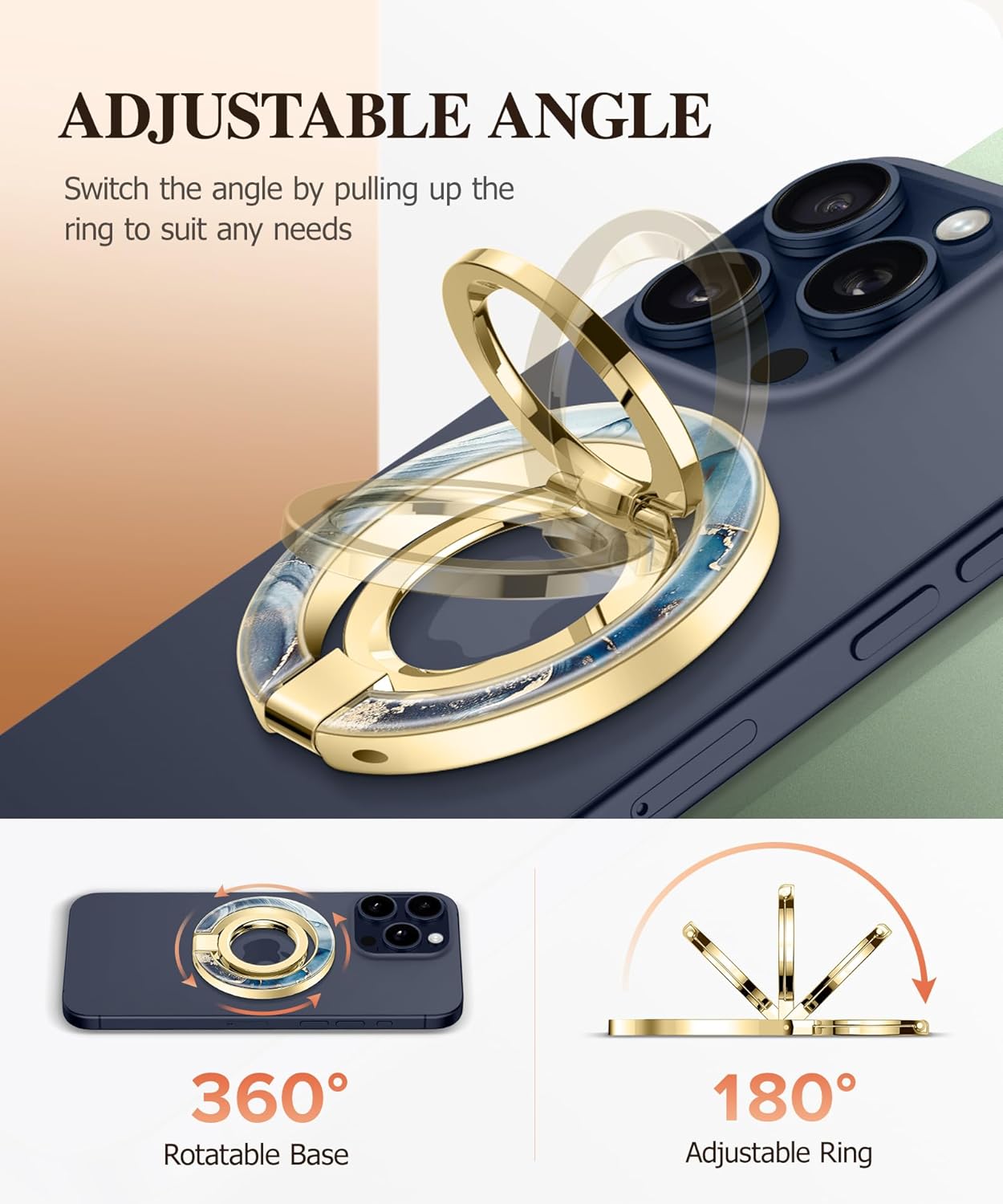 GVIEWIN Magnetic Phone Ring Holder, Compatible with MagSafe Phone Grip with Adjustable Stand, Magnet Phone Ring Kickstand for iPhone 16 Pro Max/Plus/15/14/13/12 Series/Other Phones (Polar Cloud)