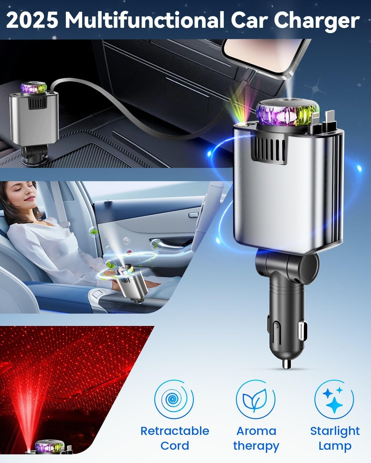 Retractable Car Charger with Air Freshener Diffuser & Star Lights,Multi Port Cigarette Lighter Adapter for iPhone Car Phone Charger USB-C/Type-C Fast Charging with 2 Retractable Cable,Car Aromatherapy