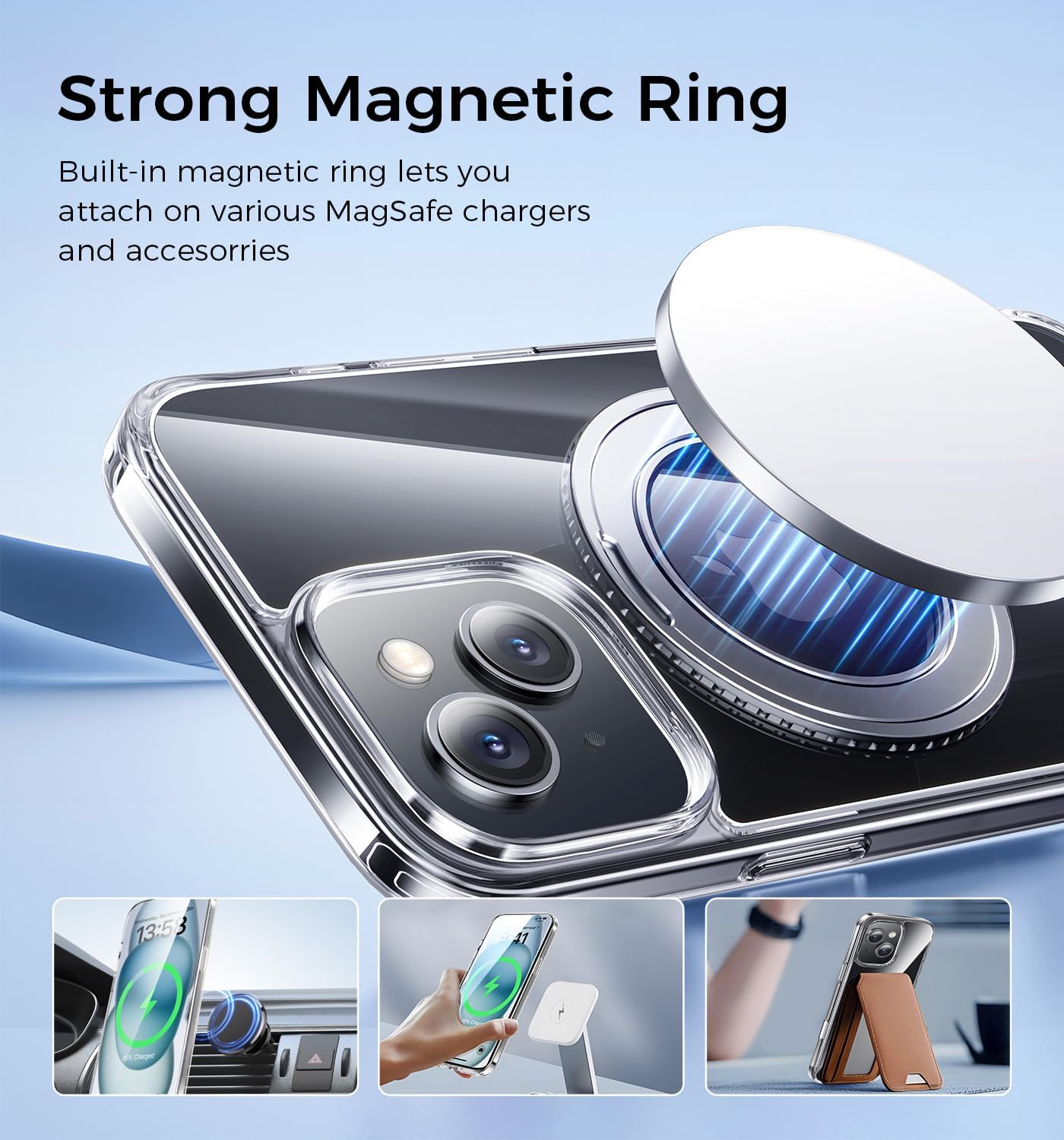 MAGIC JOHN for iPhone 15 Case 360° Rotatable Magnetic Invisible Stand, Fit for MagSafe 15 Phone Case, 16FT Military Grade Shockproof for iPhone Case with Kickstand, Clear