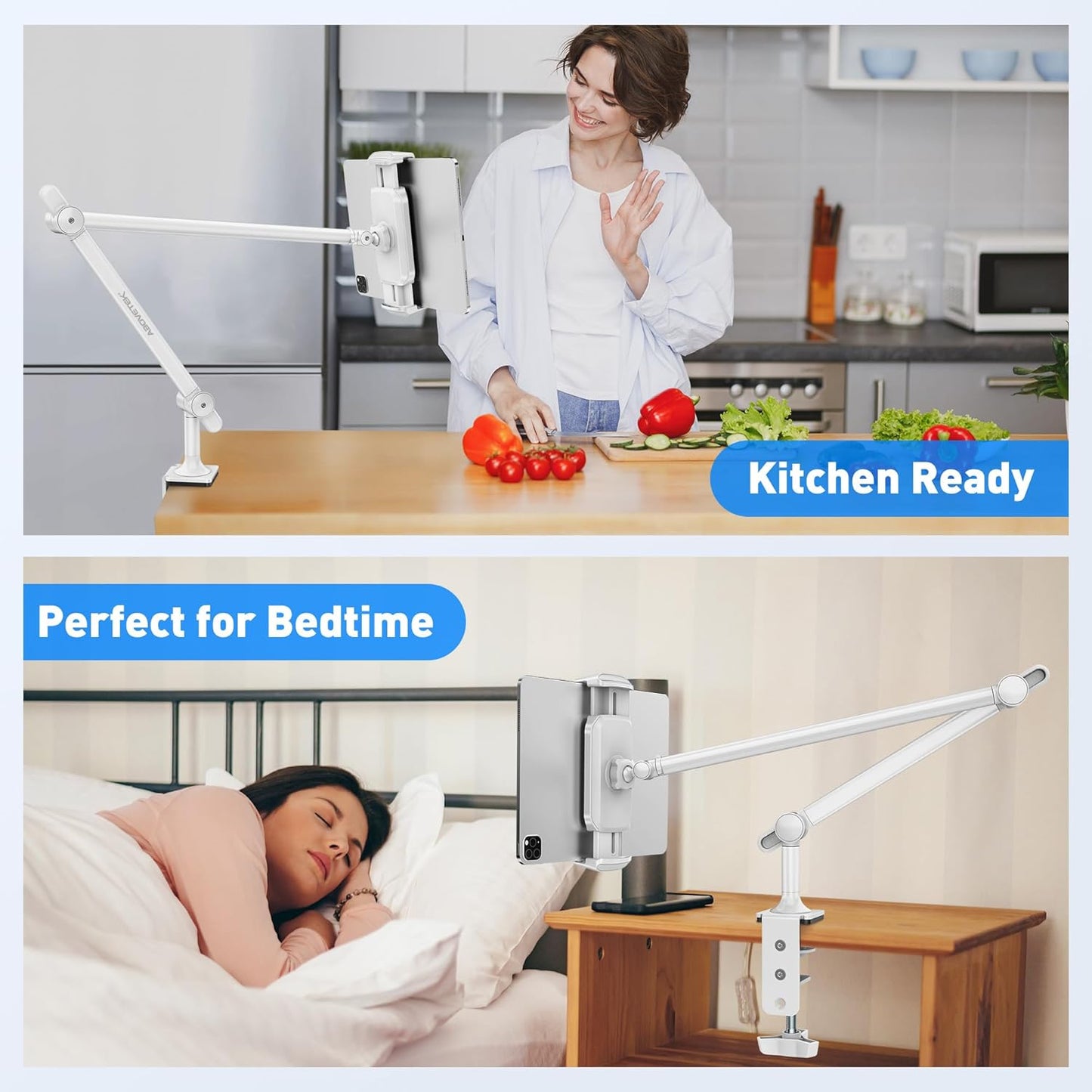 AboveTEK Tablet Stand Holder, Aluminum iPad Holder for Desk & Bed, Adjustable iPad Arm Clamp Mount with 360° Rotation, Overhead Compatible with 4.7"-13.5" iPads Pro/Air/Mini, iPhone, Galaxy Tab- White