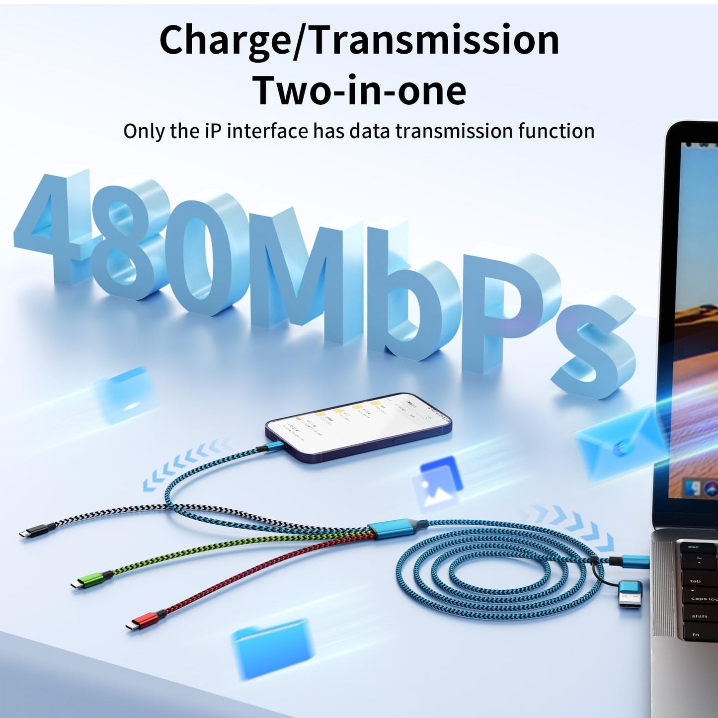 USB A/C 4 in 2 Charging Cable,Dual Type C Mulit Charging Cord Universal Charging Cables for All Devices, Phone Charger Cord Adapter 2 USB-C/IP/Micro Port for Cell Phones Tablets Galaxy PS & More