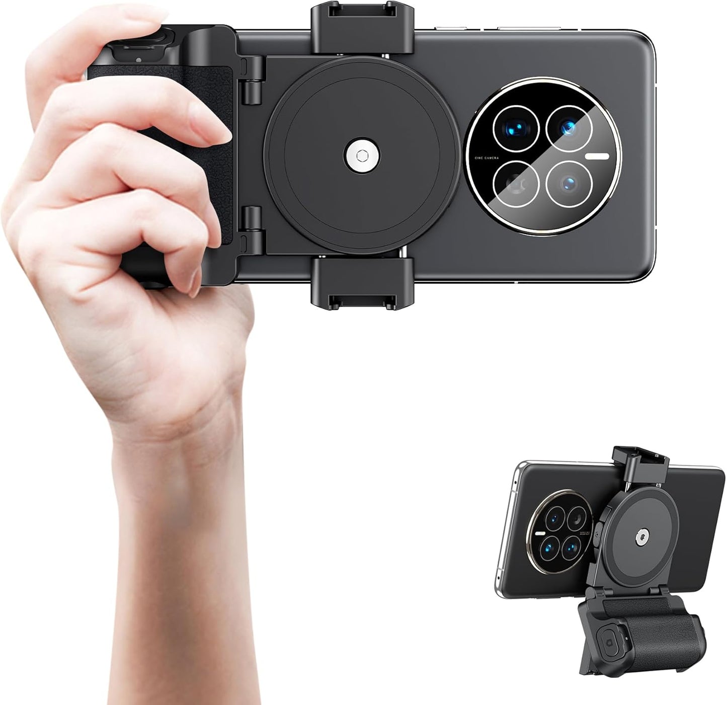 KIWIFOTOS Phone Camera Grip Smartphone Tripod Mount Handle Holder with Wireless Remote & 1/4"-20 Tripod Adapter for iPhone 16 15 14 Pro Max S23 S22 Selfie Vlog Video Shooting