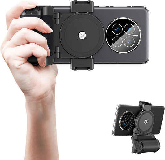 KIWIFOTOS Phone Camera Grip Smartphone Tripod Mount Handle Holder with Wireless Remote & 1/4"-20 Tripod Adapter for iPhone 16 15 14 Pro Max S23 S22 Selfie Vlog Video Shooting