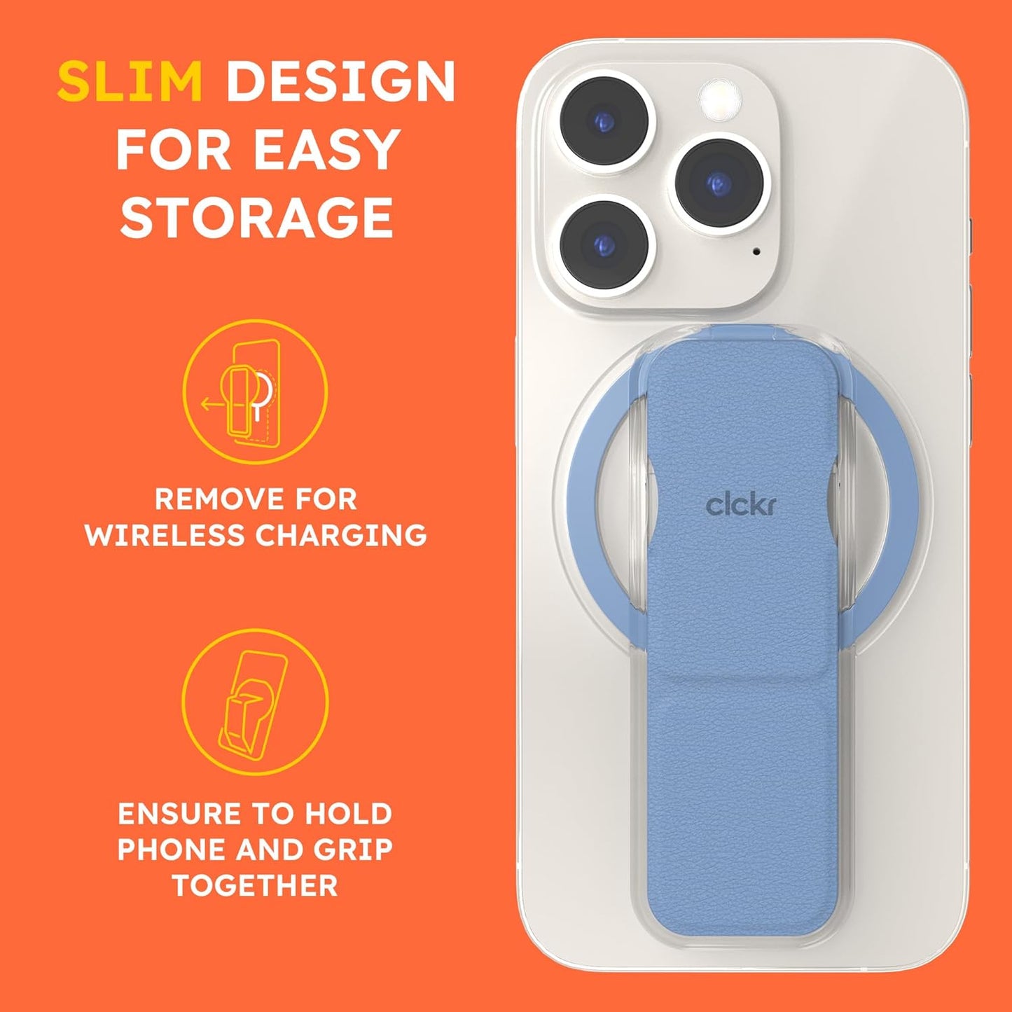 CLCKR for MagSafe Phone Grip for MagSafe Kickstand Compatible with Mag Safe Finger Loop, 3-in1 Phone Ring Holder Strap for Mag Safe iPhone 16/15/14/13/12 Series, Galaxy S25/S24/S23/S22, Pixel - Blue