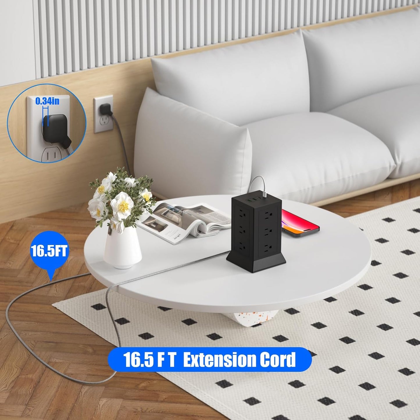 Power Strip Tower with Multiple Outlets 16.5 Ft Extension Cord Flat Plug with 12 AC Outlets 4 USB Ports (2 USB C), Power Tower Surge Protector with Individual Switches for Home Office Dorm Room, Black