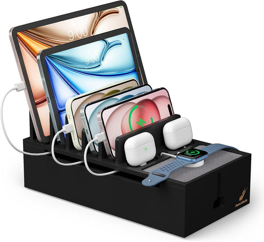 Pezin & Hulin Natural Bamboo Cable Management Box, Wire Organizers for Cords, Charge Station Box, Desktop Dock Organizer Rack for Electronic Device (Include 6 Cables)(No Power Adapter) -Black