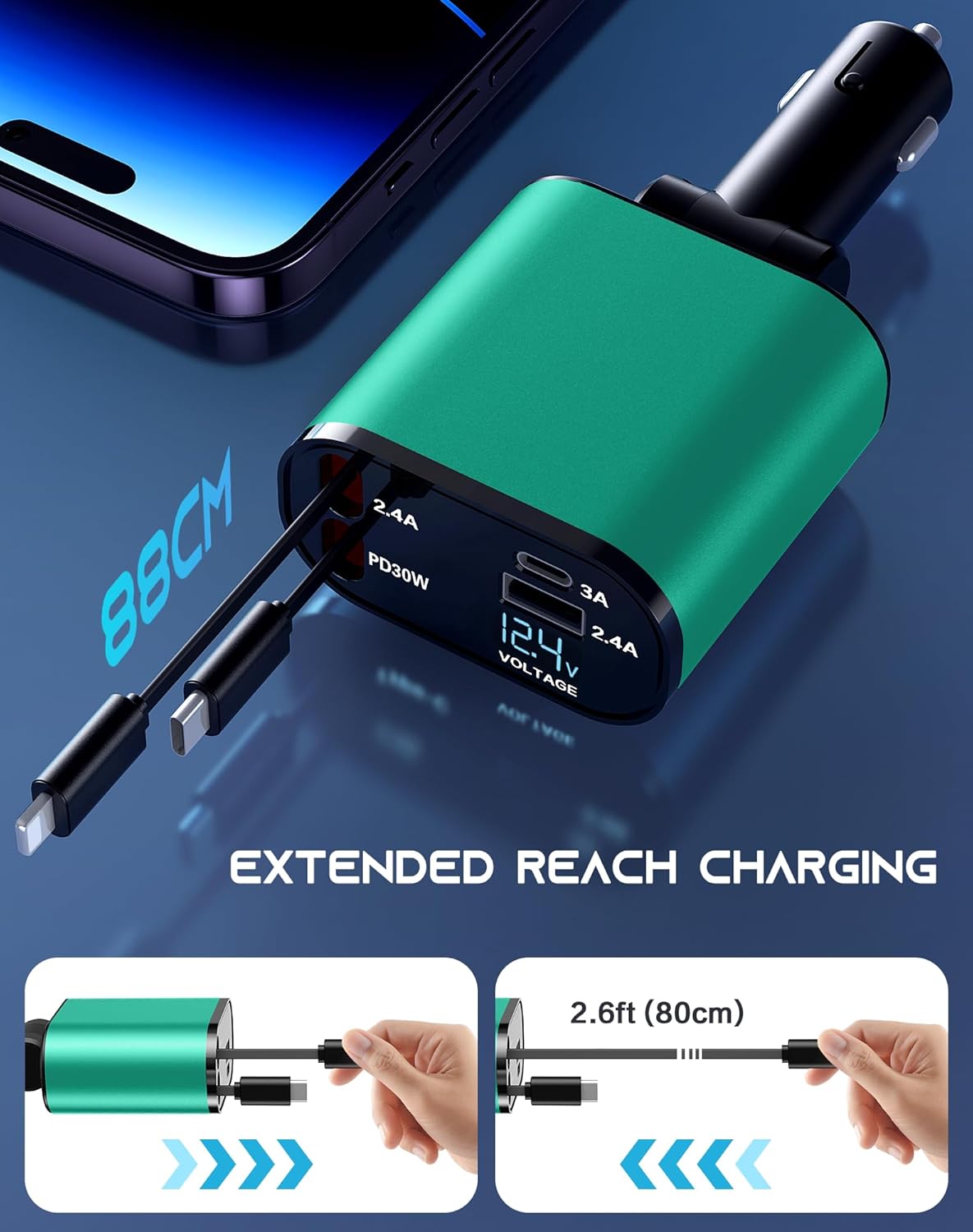 Retractable Car Phone Charger, 4 in 1 Fast Charge Car Phone Charger with 2 Retractable Cables(2.6ft) and 2 USB Ports, Compatible with iPhone15/14/15 Pro Max,Samsung (Bluish Green)