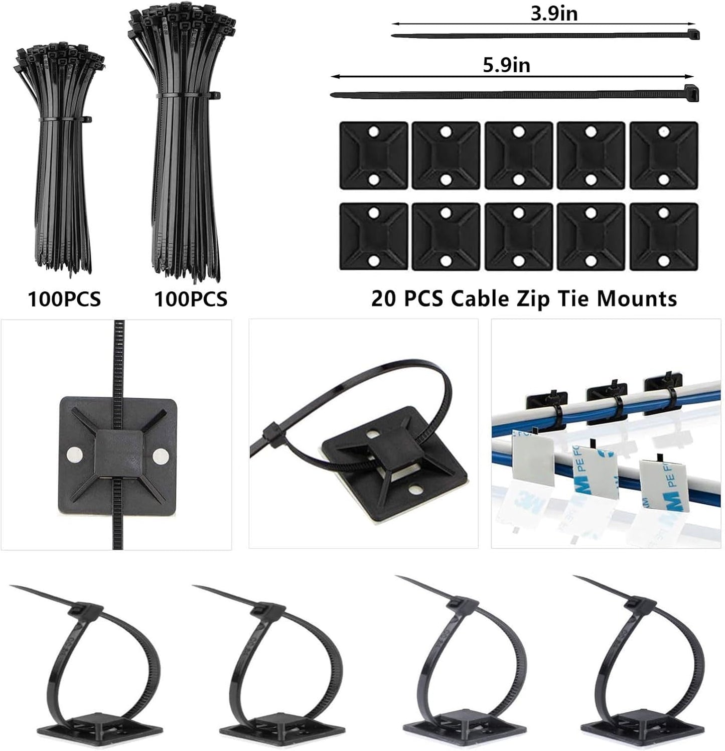 ELII 327 PCS Cable Management Kit 4 Cable Cable Sleeves,65 Cable Clips with 13Cord Holders,25 Roll Cable Organizer Straps,200 Fastening Cable Ties,20 Cable Zip Tie Mounts for Computer (Black)
