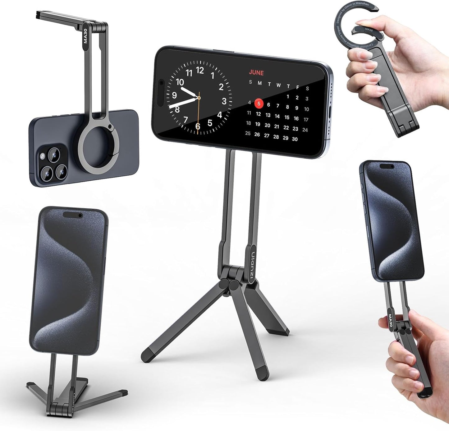 ULANZI MA30 Magnetic Phone Tripod Stand for iPhone - Aluminium Maglock Smartphone Mini Tripod Pocket Cell Phone Stand Strong Magnet Quick Mount Compatible with iPhone 16 15 14 13 12 Series, Dark Gray