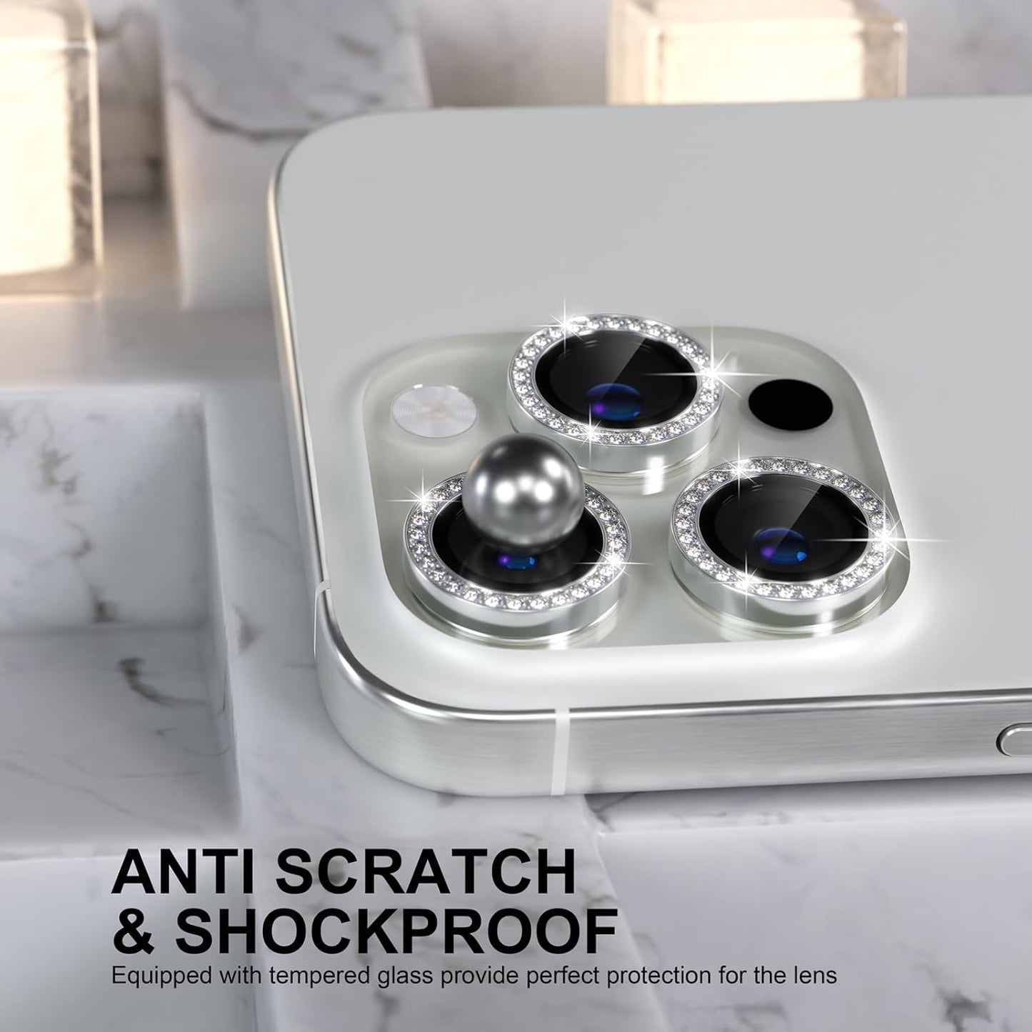 Choiche Compatible for iPhone 16 Pro/iPhone 16 Pro Max Camera Lens Protector Bling, 9H Tempered Glass Camera Cover Screen Protector Metal Ring Decoration Accessories (Diamond-Silver)