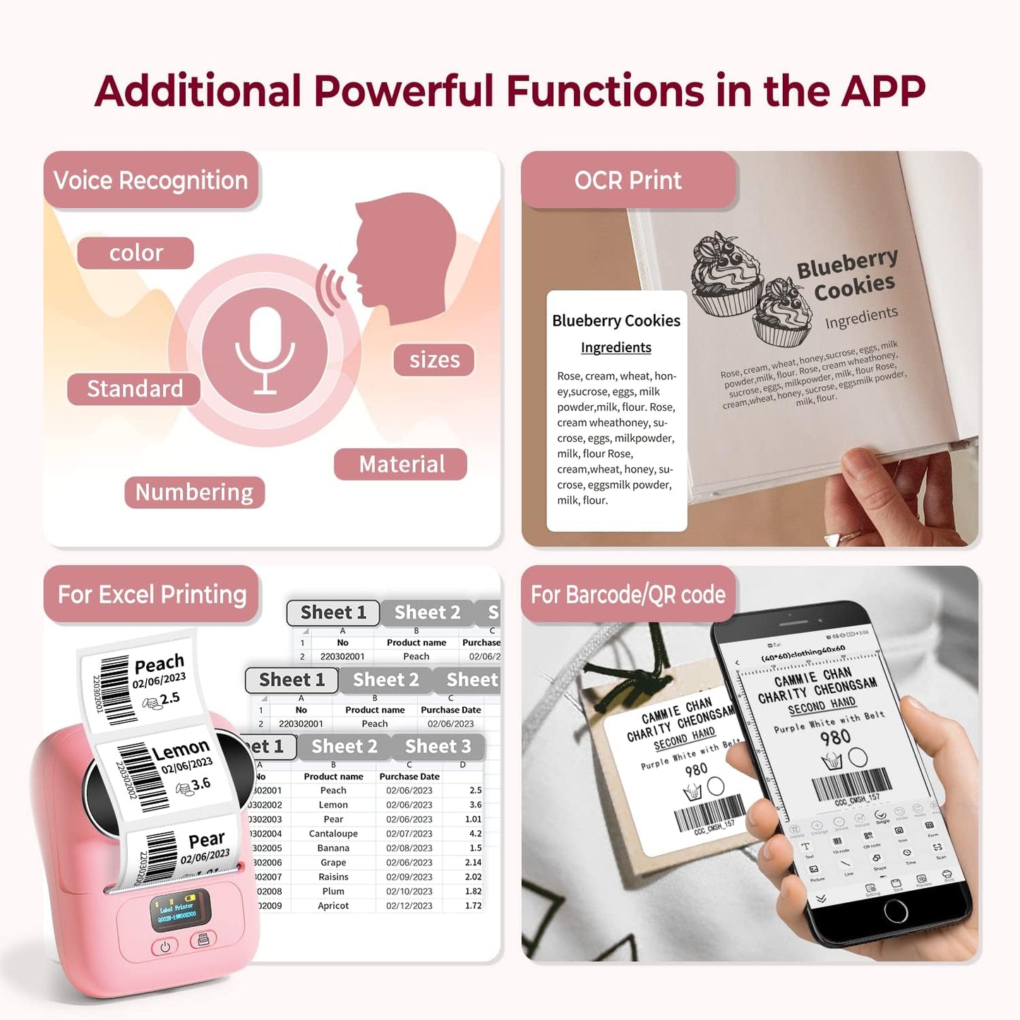 Phomemo Thermal Label Maker - M110 Barcode Label Printer Portable Bluetooth Labeler Maker Machine for for Small Business, Address, Logo, Clothing, Mailing, with 40x30mm Label, Pink