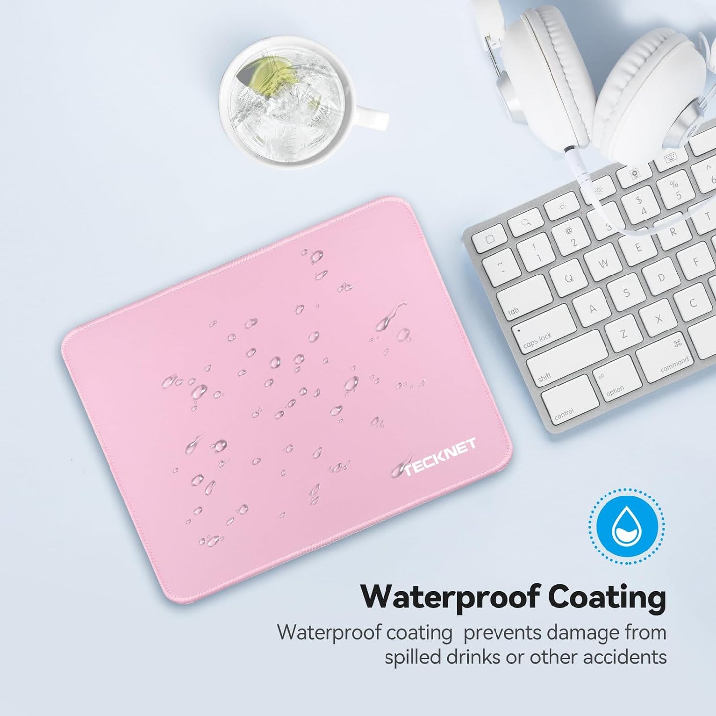 TECKNET Mouse Pad with Anti-fray Stitchin, Waterproof Surface & Non-Slip Rubber Base with Stitched Edges Gaming Mouse Mat for Laptop，Compatible with Laser and Optical Mice - Pink