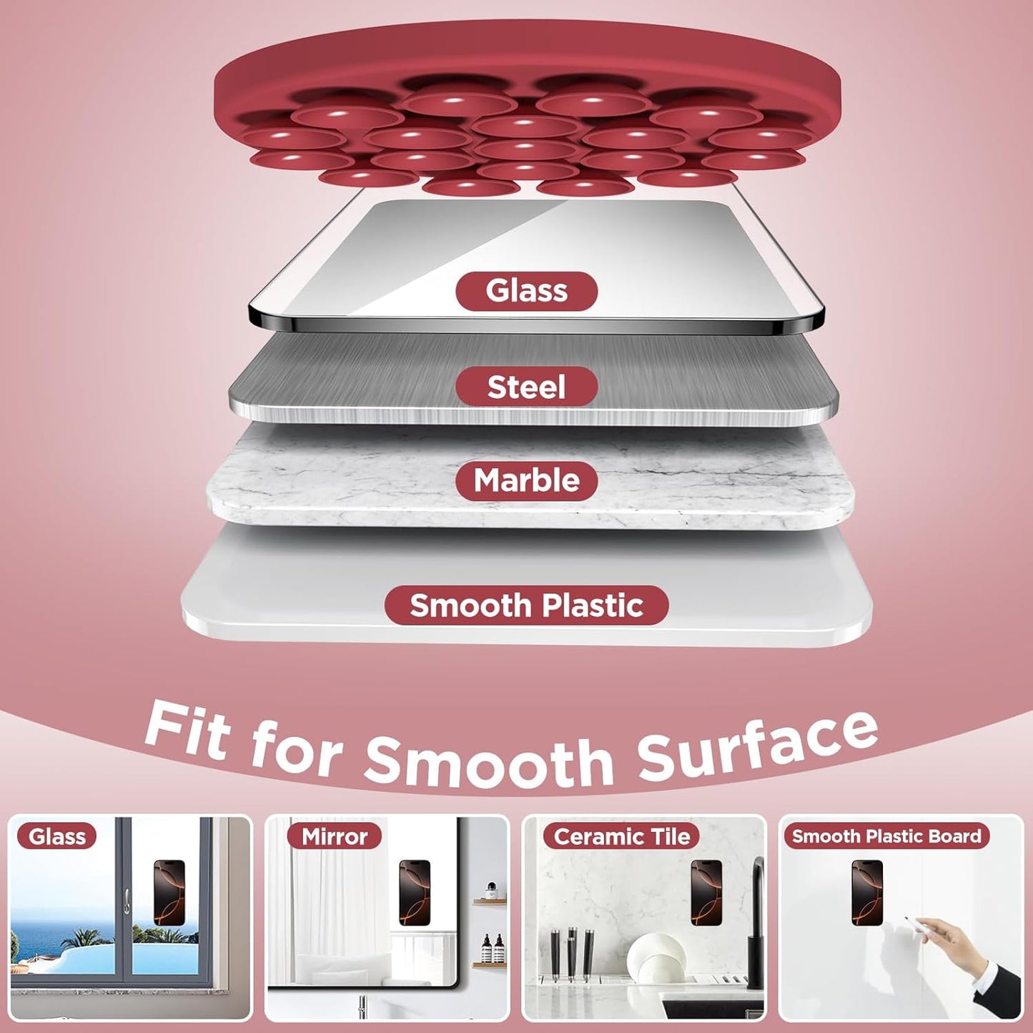 Magnetic Suction Cup Phone Mount for MagSafe Case, Silicone Hands-Free Grip Holder for iPhone and Android, Mirror Shower Phone Stand for Makeup FaceTime Gym Kitchen Bathroom, Deep Red