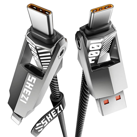 SHEZI Nylon Braided 4 in 1 USB C Cable 100W 3FT Compatible with Lightning Cable, Fast Charging for iPhone/iPad Charger Cord [480Mbps Data Sync],Multi Charging Cable with Type C/USB A, Grey