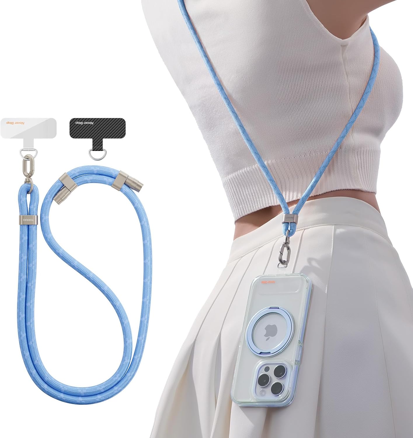 TORRAS Phone Lanyard Crossbody with 2 Phone Tabs, Adjustable Anti Theft Phone Strap for All Phones, Premium Metal Buckles, Skin-Friendly, Universal Cell Phone Neck lanyard for Women and Men, Blue