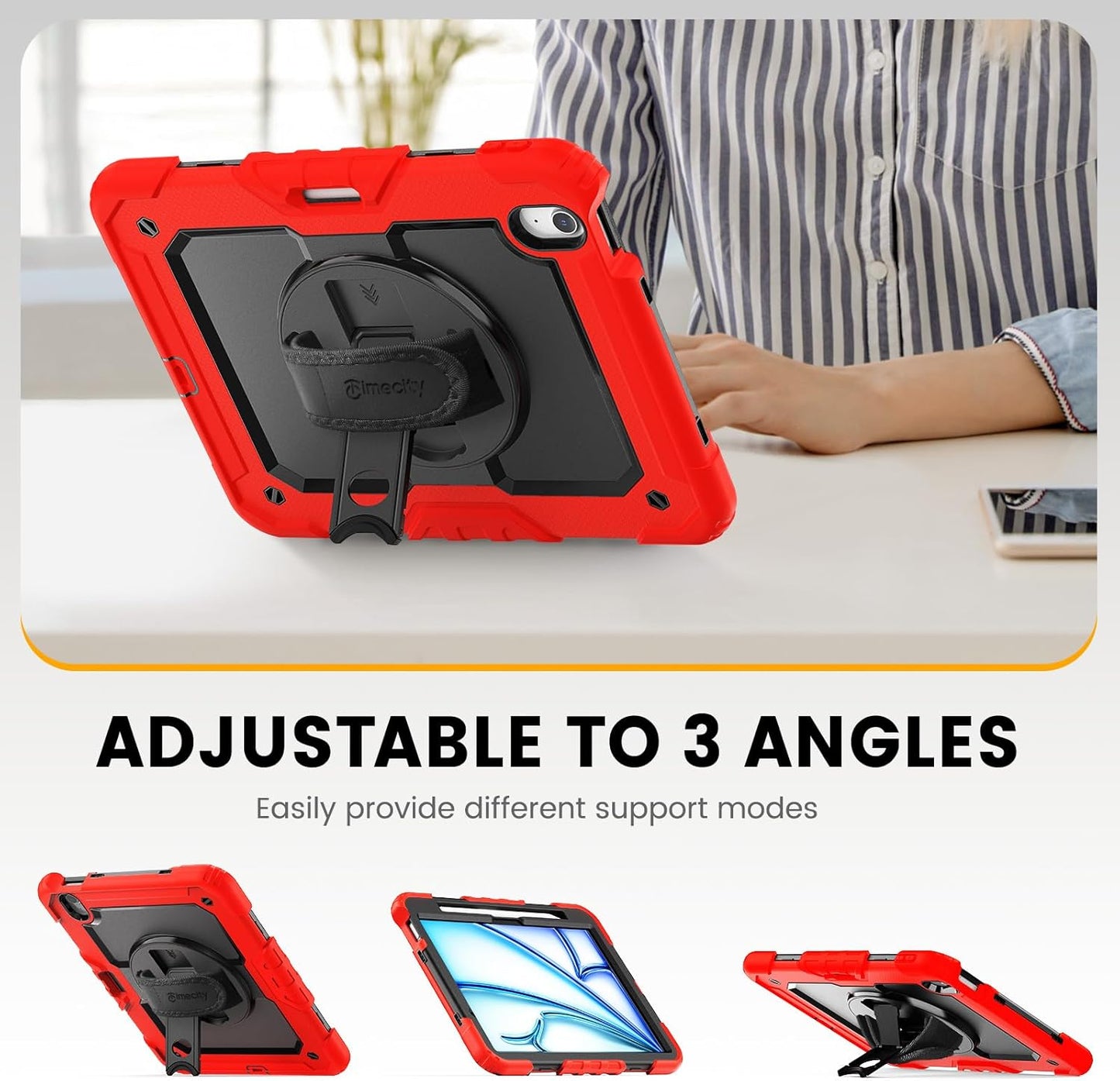 timecity Case for iPad Air 11 Inch M3/ M2 (2025/2024), 360° Rotating Stand, Pencil Holder & Wireless Charging, Shockproof with Screen Protector & Shoulder Strap - for Designers, Red
