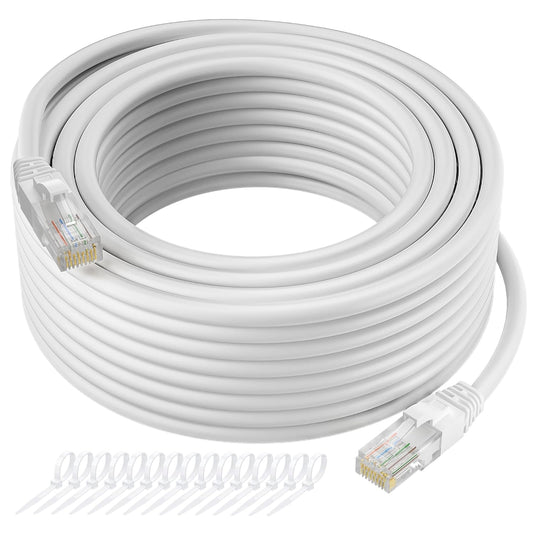 Cat5e Ethernet Cable 100 FT, Long Cat 5e Internet Cable, White Snagless Patch Cord, Flexible, Network, LAN, PoE, Standard RJ45 Connector for PC, Server, Router, Modem, TV, PS5 - with 15 Cable Ties