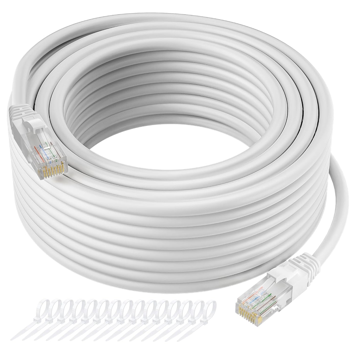 Cat5e Ethernet Cable 150 FT, Long Cat 5e Internet Cable, White Snagless Patch Cord, Flexible, Network, LAN, PoE, Standard RJ45 Connector for PC, Server, Router, Modem, TV, PS5 - with 15 Cable Ties