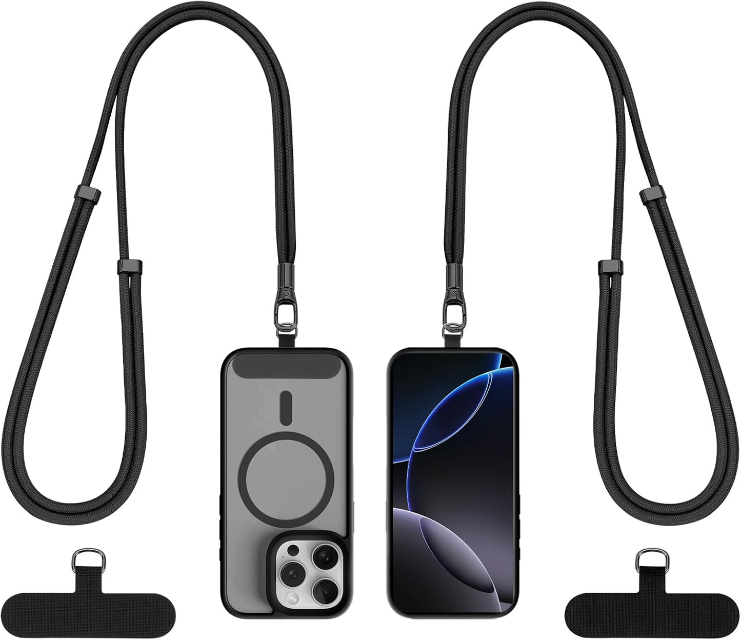 Phone Lanyard 2 Pack, 2x Adjustable Crossbody Phone Strap, 2x Tether Tab, Anti-theft Universal Cellphone Multifuctional Patch Lanyards for iPhone & Most Smartphones, Black+Black