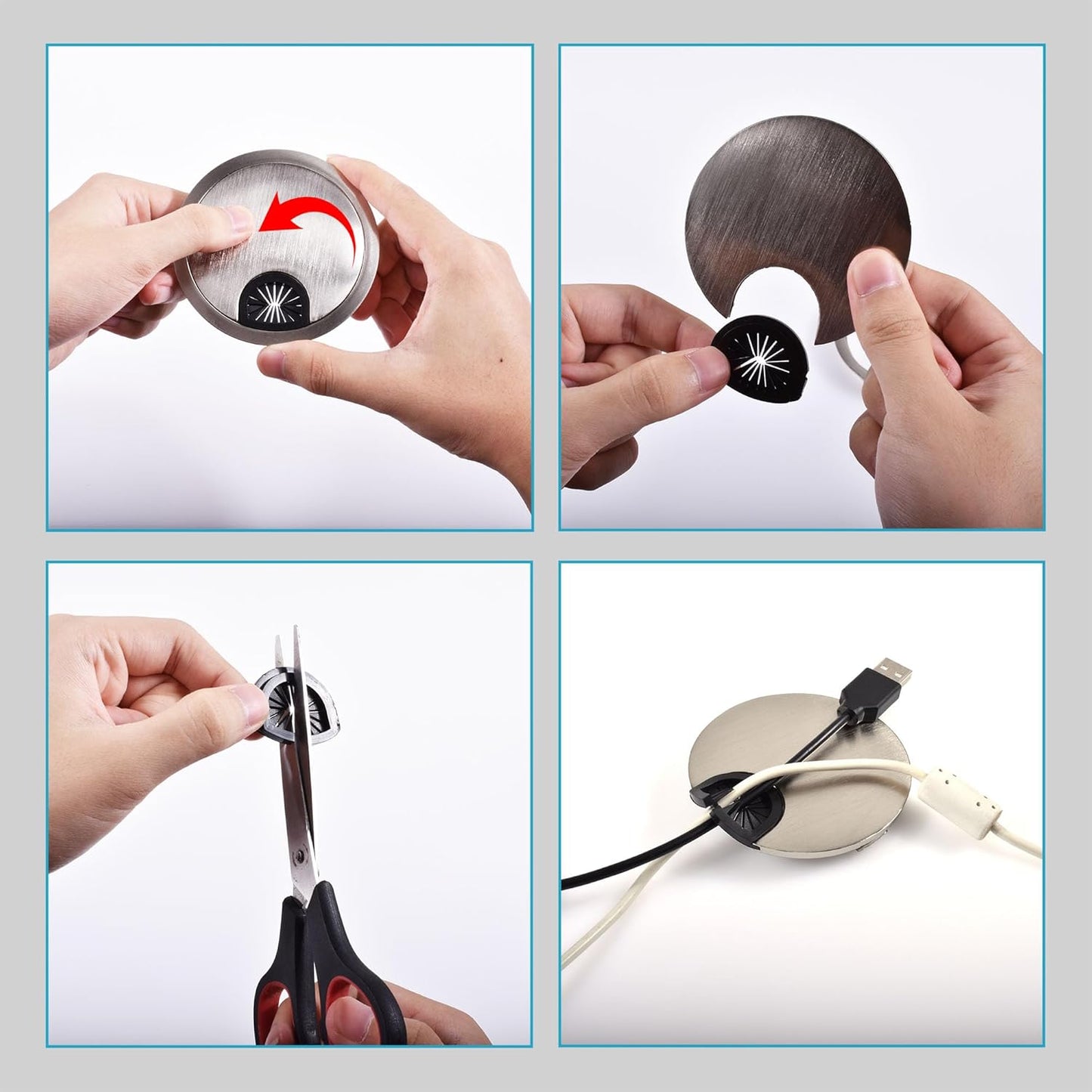 2 Pack Desk Grommet 2-3/8 Inch 60mm, Zinc Alloy Computer Desk Wire Hole Cover, Office Desktop Cord Cable Hole Metal Ring, Silver Tone