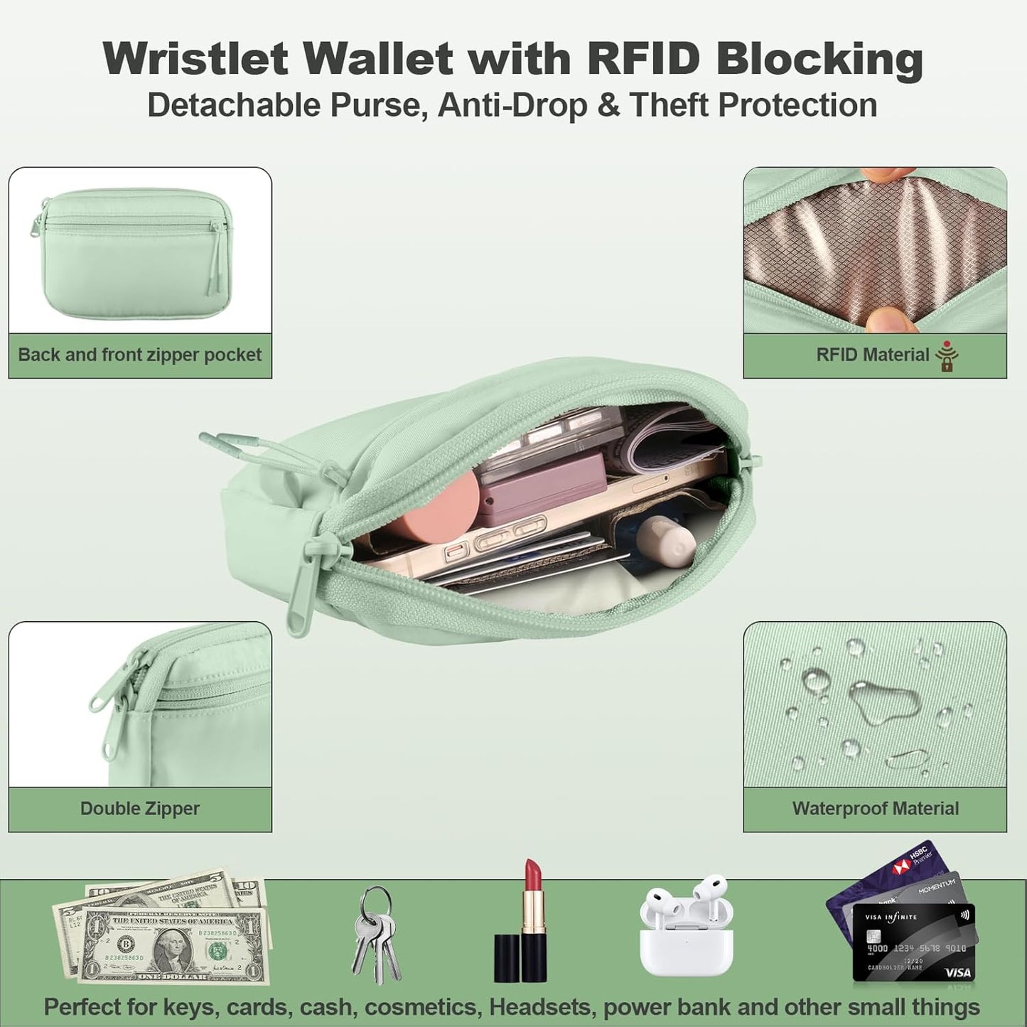 Clip and Go Strap for Phone with Wallet Crossbody, Adjustable Phone Lanyard with Detachable RFID Wristlet Wallet, Pattern Strap, Green (M)