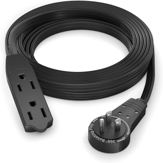 Maximm Cable 12 Ft 360° Rotating Flat Plug Extension Cord, 16/3 AWG Multi 3 Outlet 3-Prong Grounded Wire- Black - UL Certified