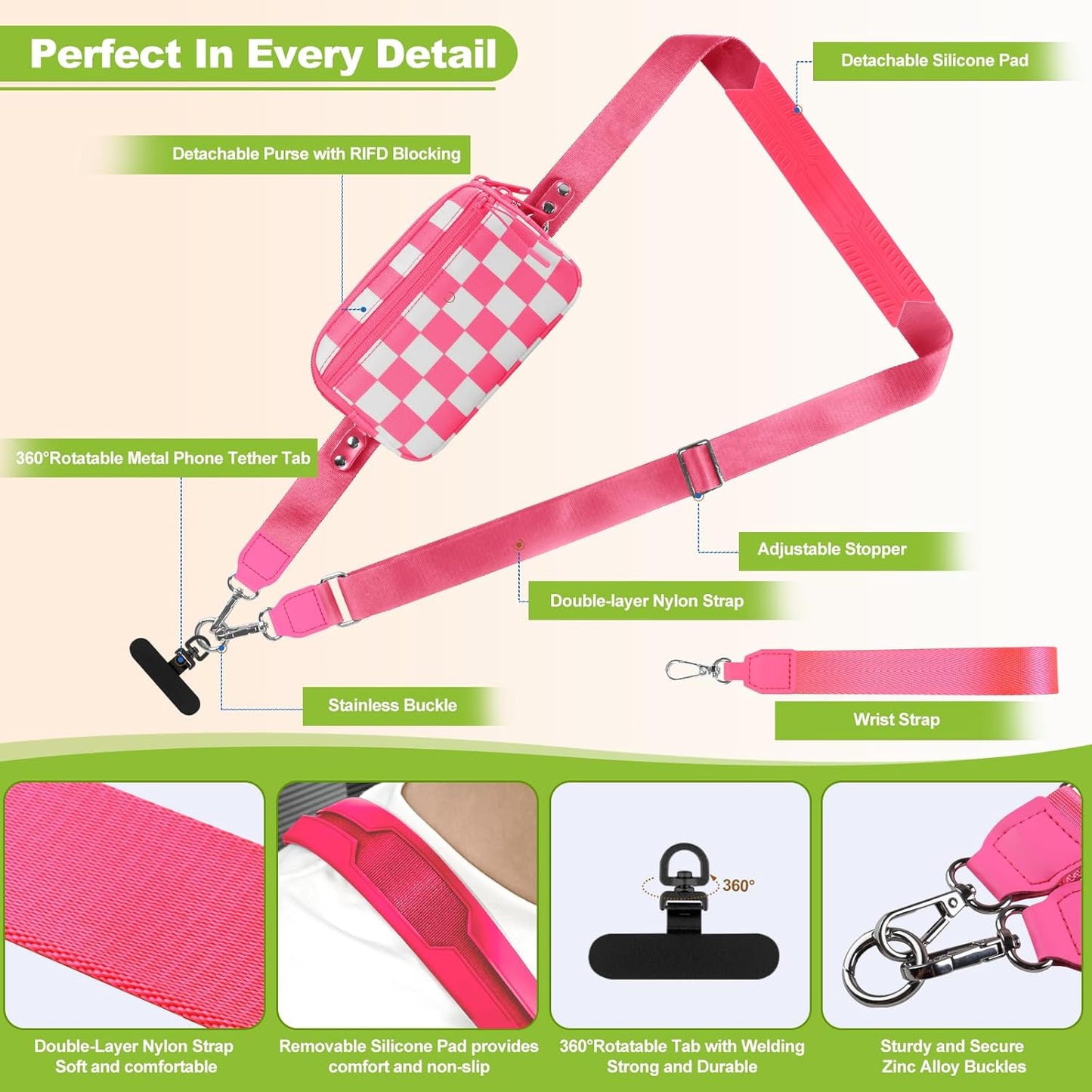 Clip and Go Strap for Phone with Wallet Crossbody, Adjustable Phone Lanyard with Detachable RFID Wristlet Wallet, Phone Strap with Phone Tabs for All Phones, Pink Checkered (L)