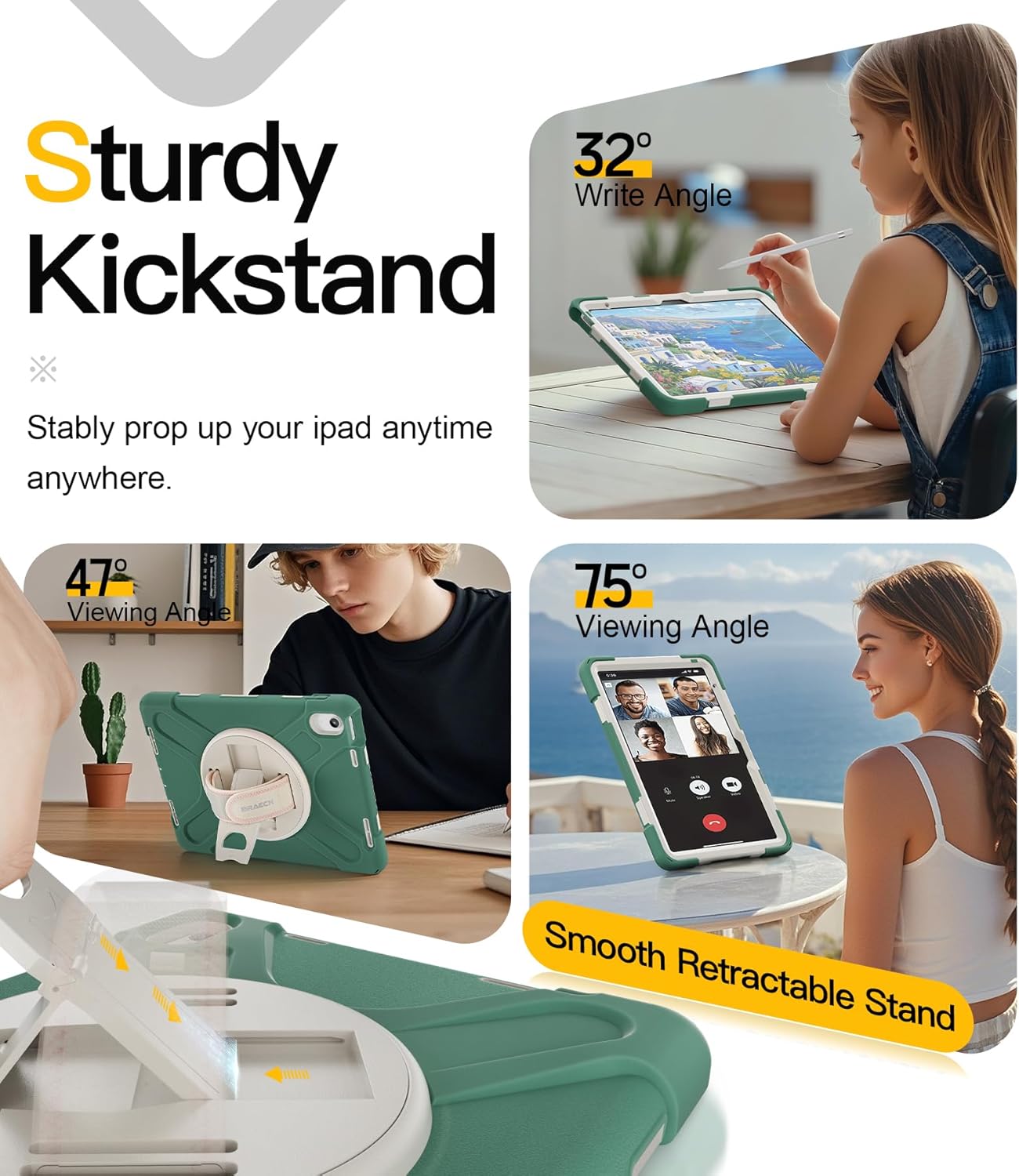 BRAECN for iPad (A16) 11th/10th Generation case 11/10.9 inch 2025/2022 Heavy Duty Shockproof Protective with Pencil Holder Screen Protector 360°Rotating Stand Handle & Shoulder Strap Full Body Cover