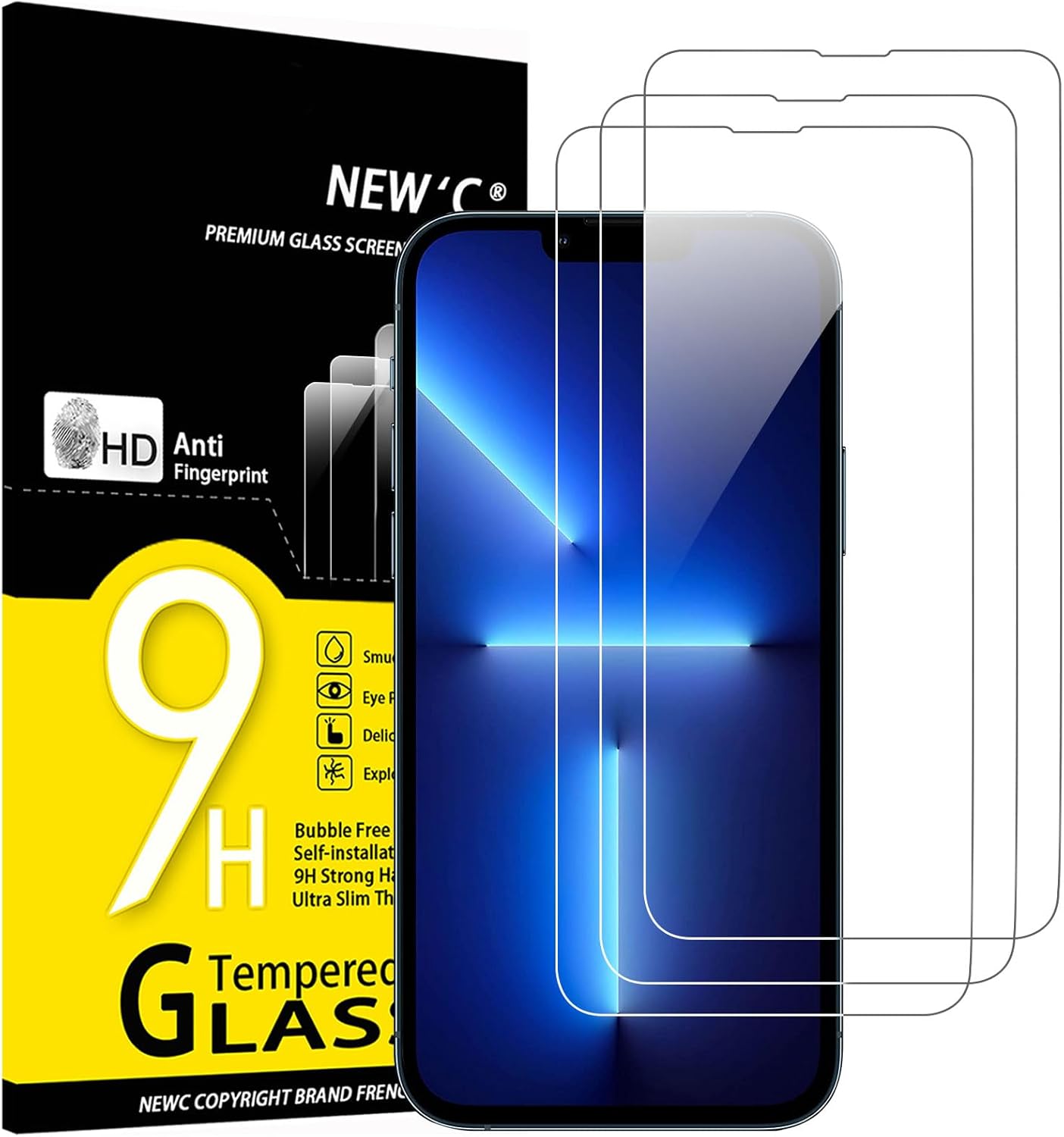NEW'C 3 Pack Designed for iPhone 13 Pro Max, iPhone 14 Plus Screen Protector (6.7"), Enhanced Tempered Glass Protection, Case Friendly Bubble Free Ultra Resistant