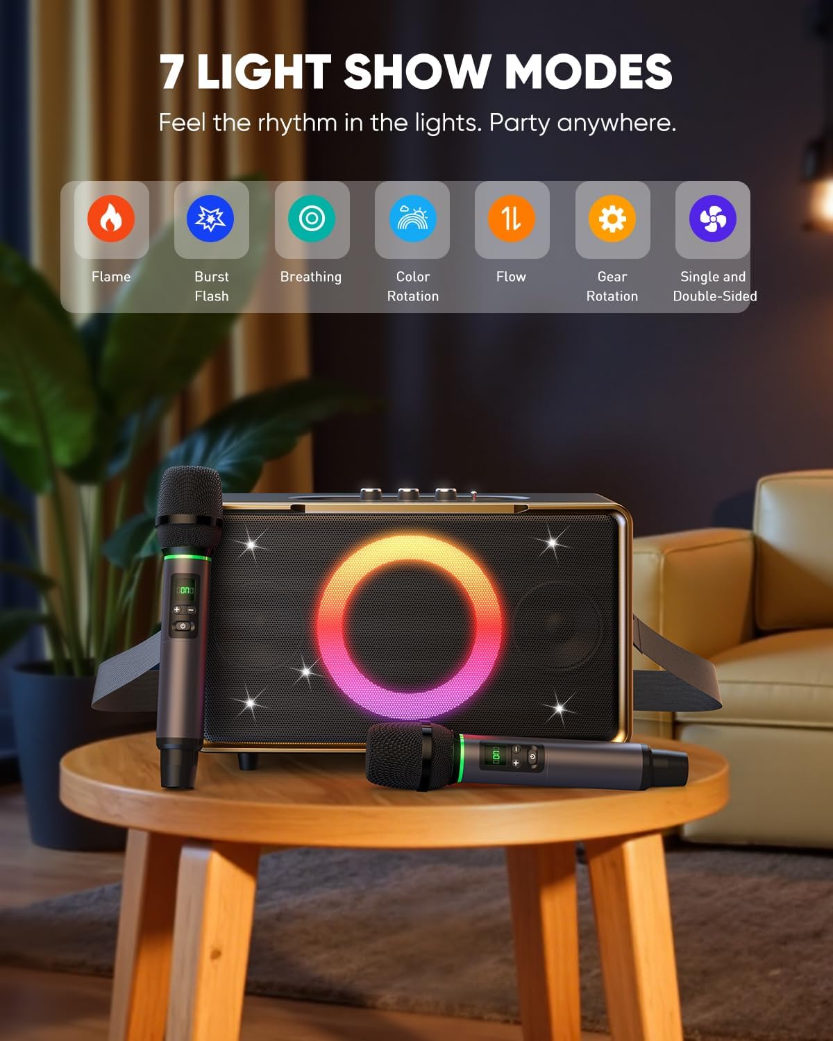 GFEEN Portable Bluetooth Speaker: 100W(160W Peak), 15H Playtime, Wireless Speakers with Microphone, 5″ Subwoofer, Loud Sound, Light Show, Fast Charging for Outdoor, Party, Backyard(Gold with 2Mic)