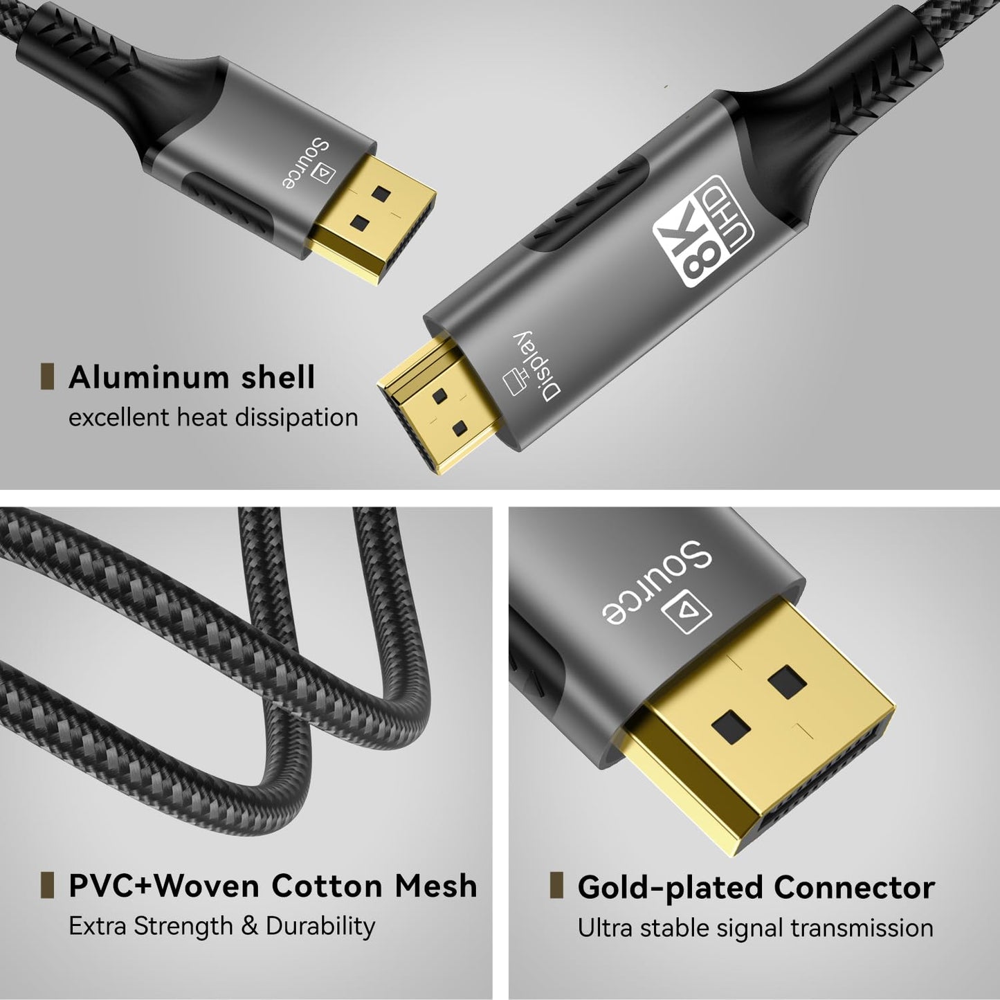 FDBRO 8K DisplayPort to HDMI Cable Active 8K@60Hz 4K@120Hz 32.4Gbps, Uni-Directional, DP 1.4 to HDMI 2.1 Cord Support HDR/HDCP 2.2/DSC 1.2 for Gaming Monitor, TV, PC (Gray & Black, 2M (6.6FT))