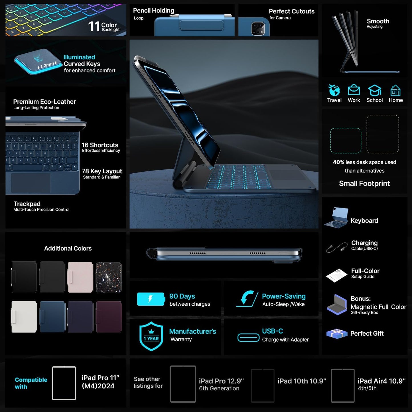 typecase Keyboard Case for iPad Pro 11-inch (M4) 2024,Magic Keyboard with 11 Colors Backlight for iPad Pro 11,Keyboard Case with Pencil Holder,Multi-Touch Trackpad,Easy-Set Magnetic Stand,Pacific Blue