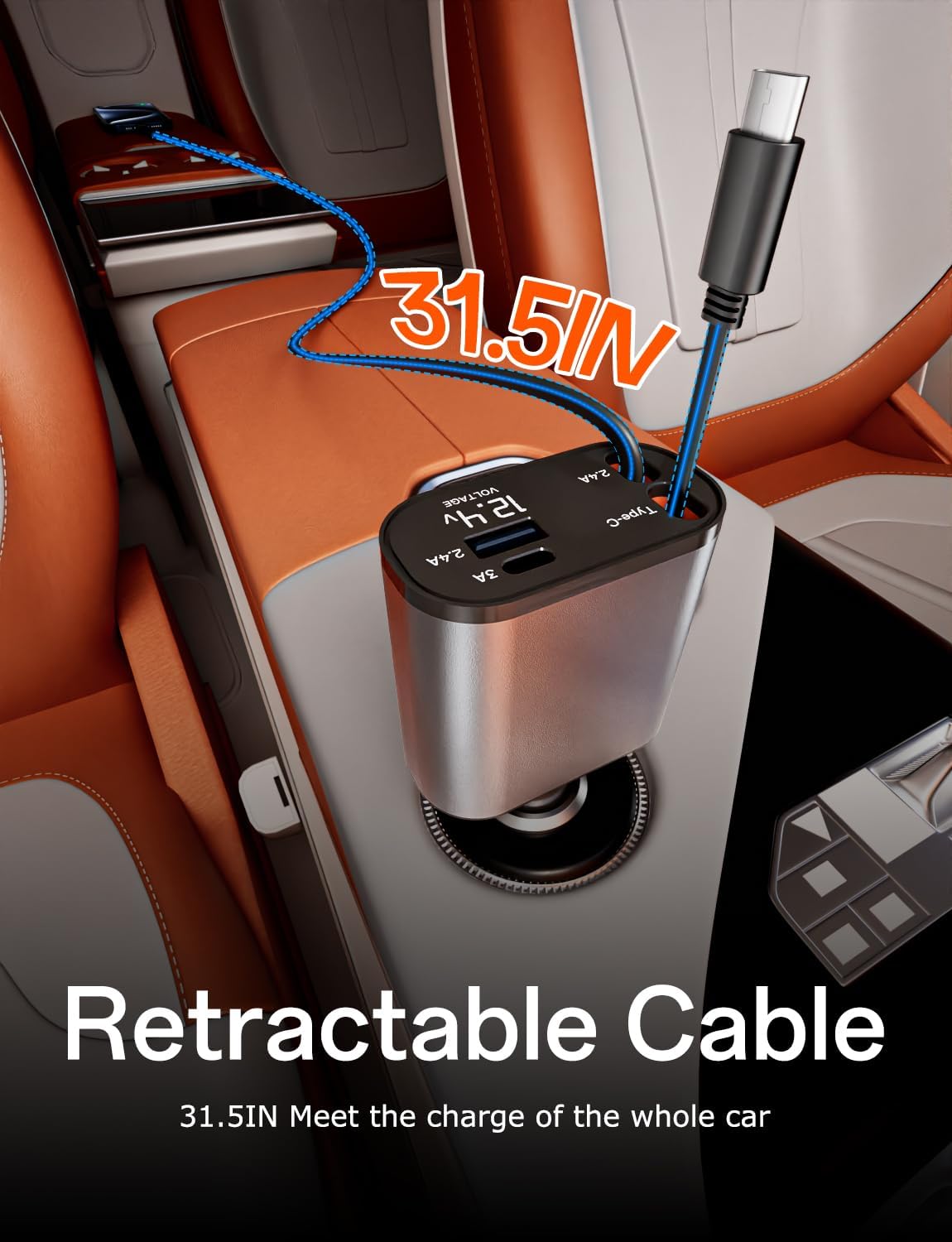 Retractable Car Charger with Dual Retractable Cords, Type-C Cable Fast Charging Up to 100W, 4 in 1 Fast Car Phone Charger with Voltage Display for iPhone 16/15/14/13/12 Pro Max,iPad,Samsung