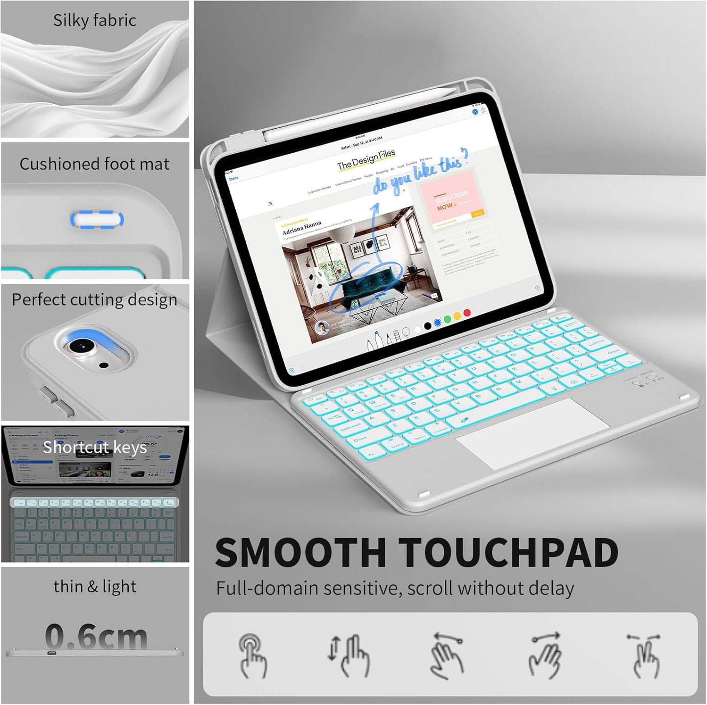 JKSML for iPad(A16) 11th/10th Generation Case with Keyboard (11/10.9 inch) 2025/2022, 7 Color Backlight Detachable Bluetooth Cover with Trackpad, Flip Stand Case Thin with Pencil Holder, Haze Gray