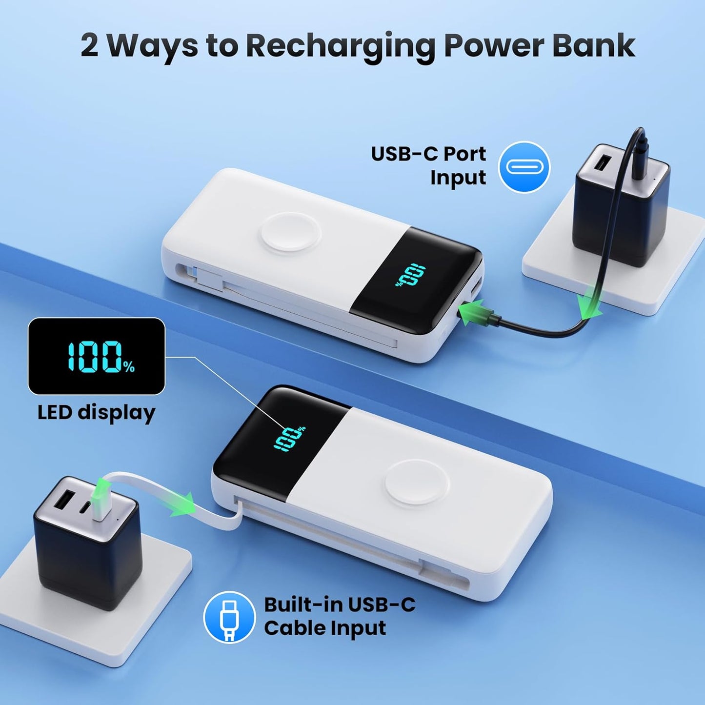 Portable Charger 40800mAh for iPhone with 2 Built-in Cable and iWatch Charger, 5-in-1 25W PD Fast Charging USB C Power Bank,QC4.0 LED Display Battery Pack for iPhone 16/15/14/13/12,Android,Apple Watch