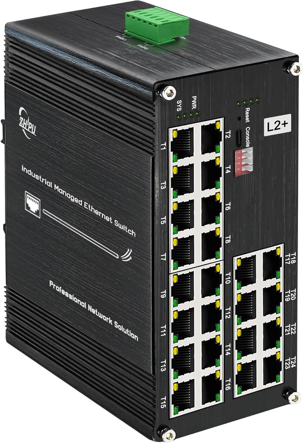 24-Port Gigabit Network Switch, L2+ Managed PoE Ethernet Switch, Support IEEE802.3af/at, Ring Network, VLAN, IPv4/IPv6 Management, Plug and Play, Din-Rail Design