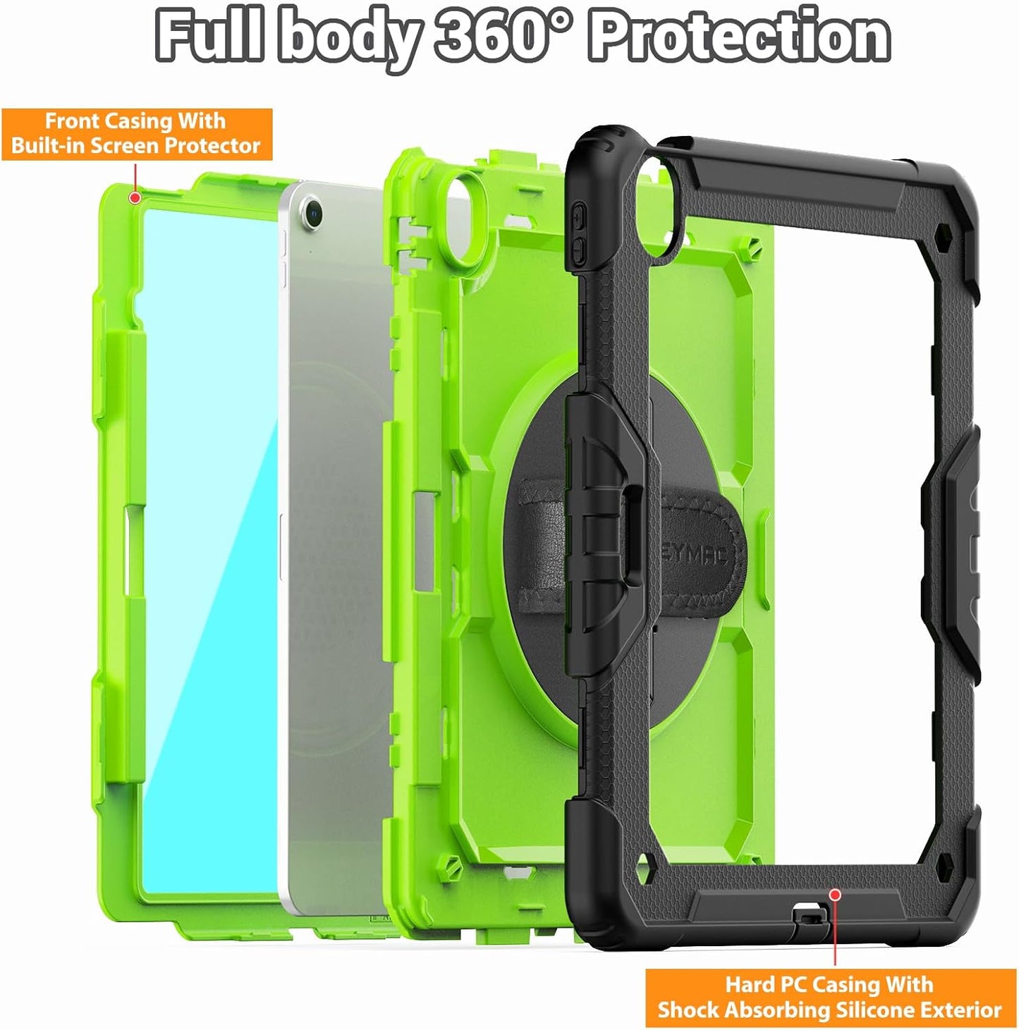 SEYMAC for iPad Air 13 Inch Case M3 2025/ M2 2024, Heavy Duty Shockproof Protective Case with Screen Protector, 360° Rotating Stand, Hand/Shoulder Strap and Pen Holder for iPad Air 13, Green