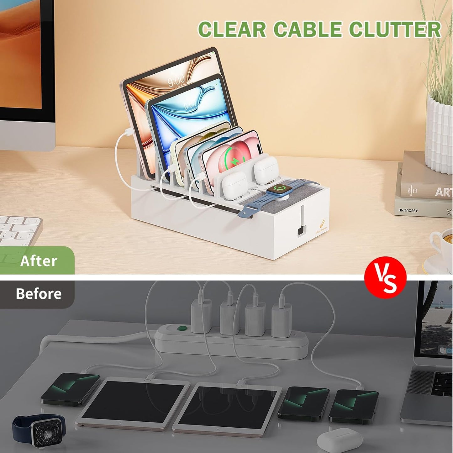 Pezin & Hulin Multi Charger Station Organizer Rack, Bamboo Cable Management Box, Power Strips and Cord Hider, Nightstand Device Organizer (Include 6 Cables)(No Power Charging Supply) -White