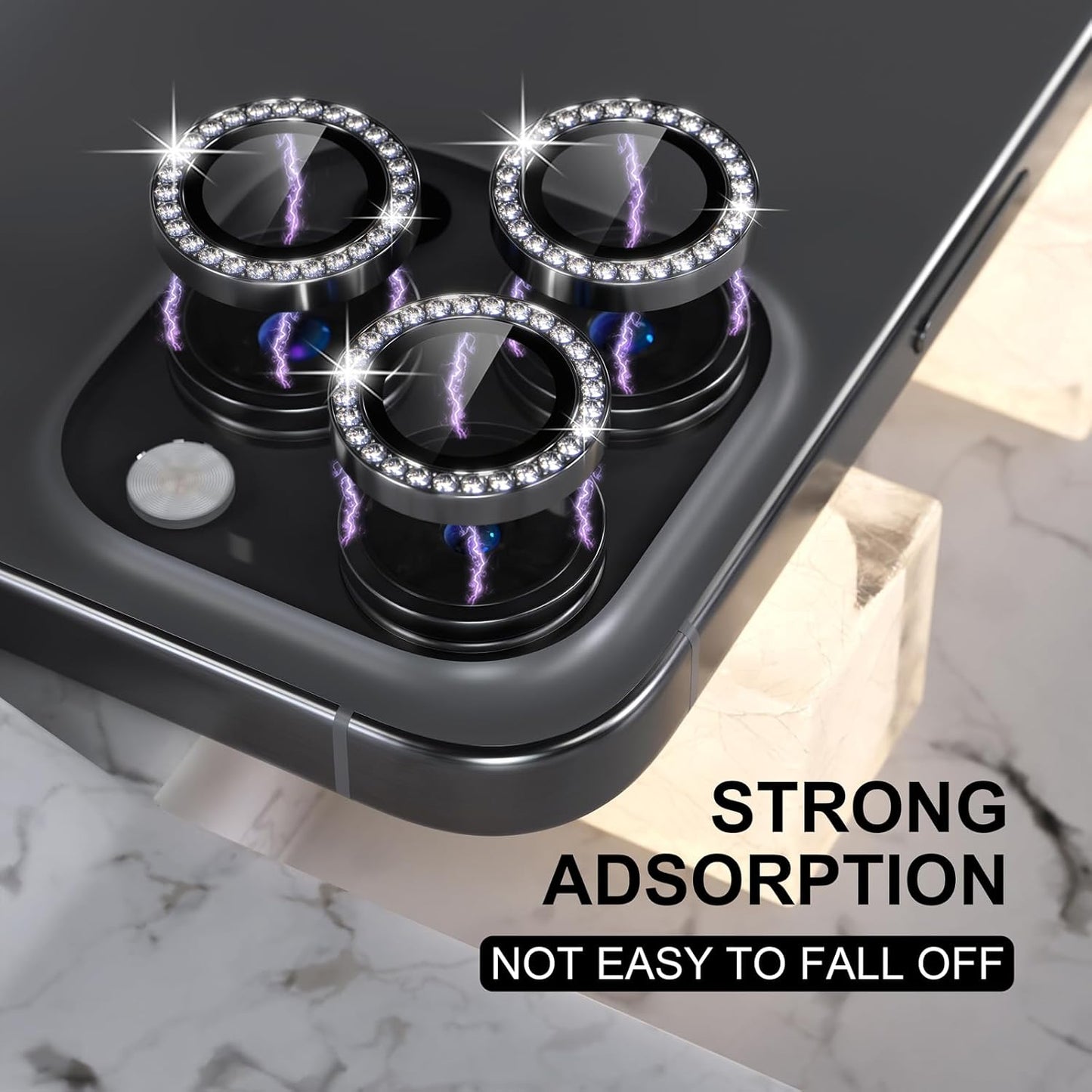 Choiche Compatible for iPhone 16 Pro/iPhone 16 Pro Max Camera Lens Protector Bling, 9H Tempered Glass Camera Cover Screen Protector Metal Ring Decoration Accessories (Diamond-Black)