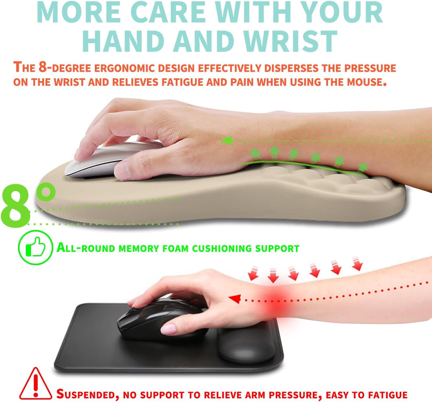 Ergonomic Mouse Pad Wrist Support with Memory Foam Massage Bulge, Carpal Tunnel Pain Relief Mousepad Wrist Rest for Mouse(12x8 inch, Apricot)