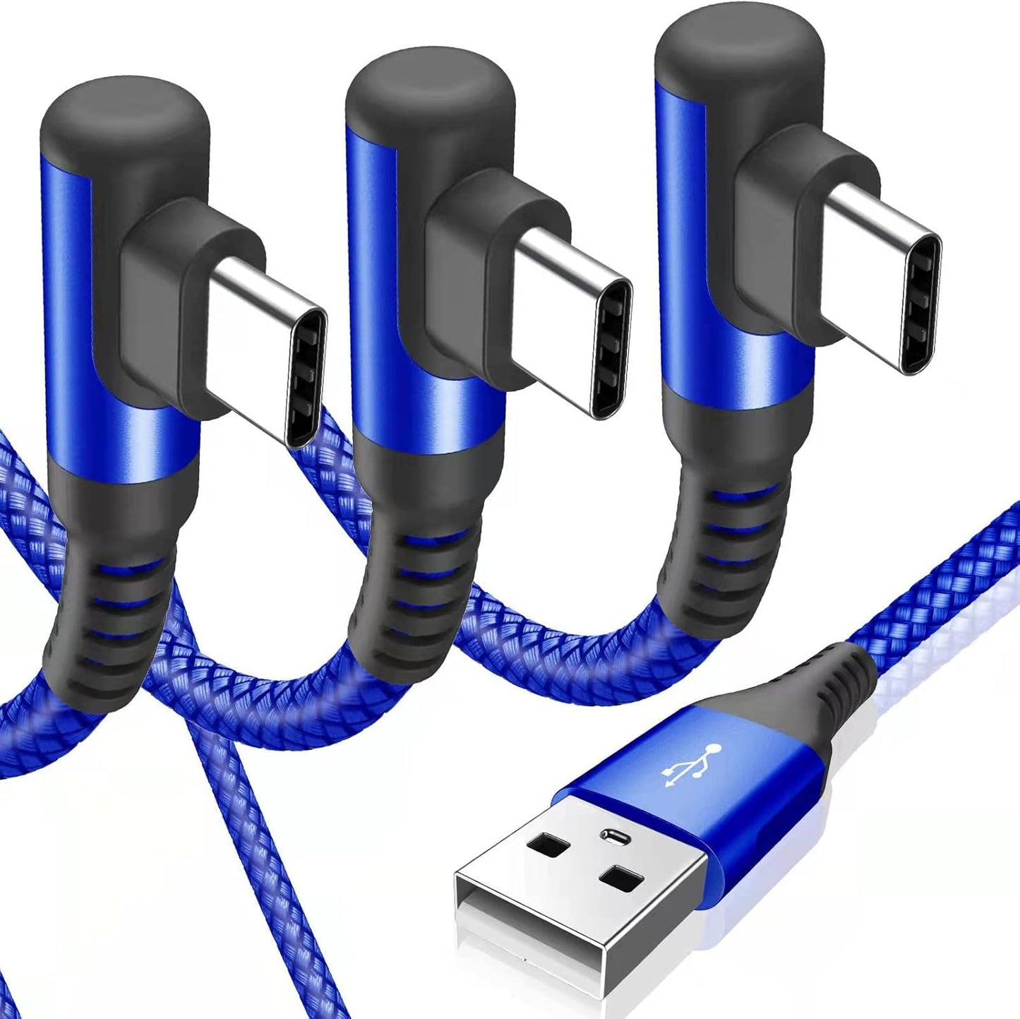 sweguard USB C Cable Right Angle [3Pack, 10FT+6.6FT+3.3FT], USB Type C iPhone 15 Charger Cable Nylon Braided Cord for iPhone 16 15 Pro Max Plus, Samsung Galaxy S25 S24 S23 S22 S21 S10 Note 20 10,Moto