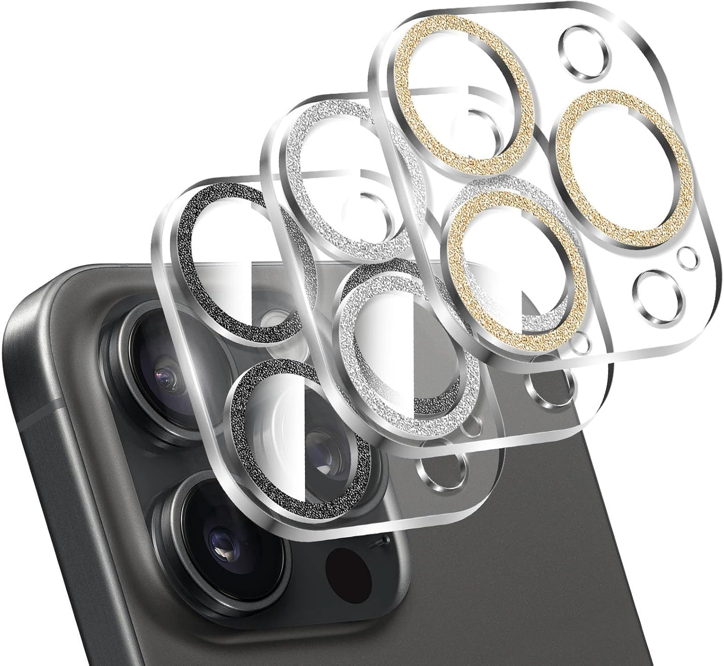 LucBuy 3PCS Sparkling Camera Lens Protector for iPhone 12 Pro, Full Clear Acrylic Cover with Shiny Colorful Glitter Designed Decoration Back Camera Protector