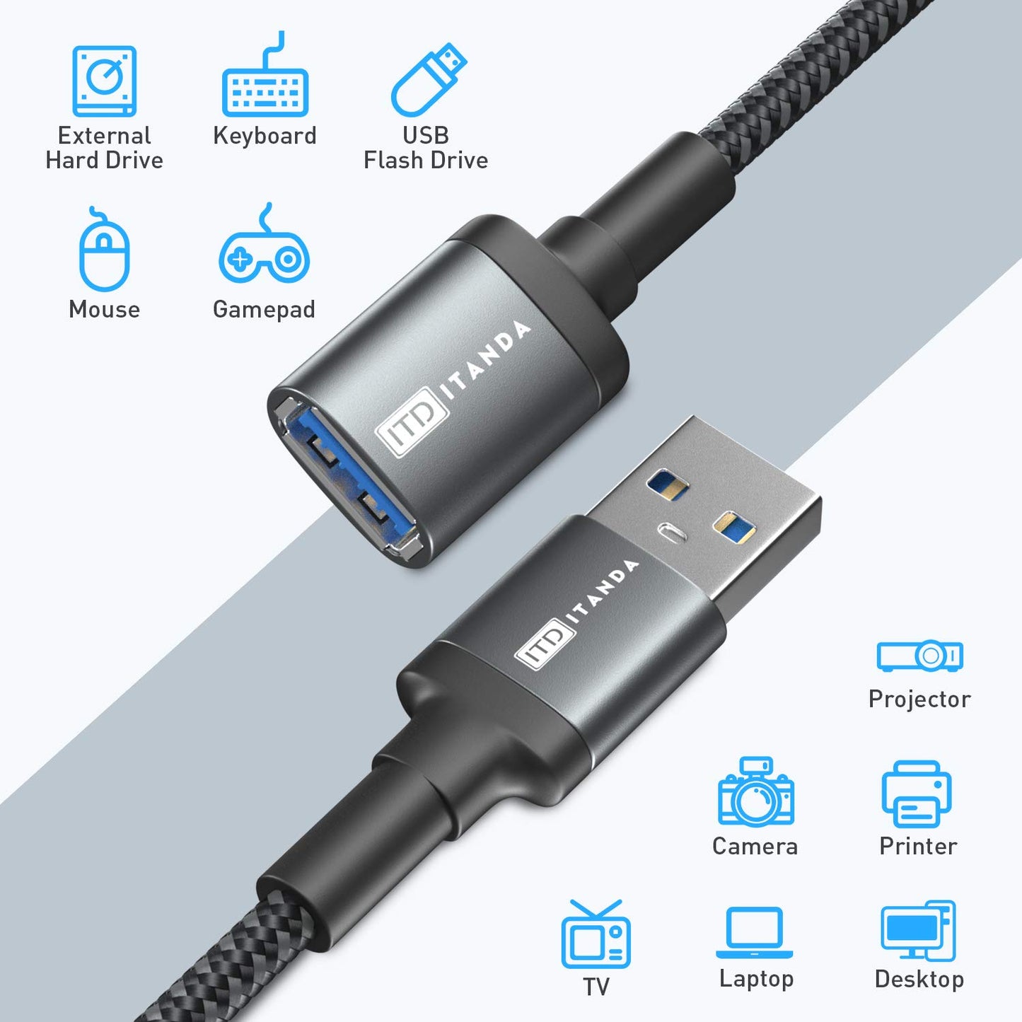 ITD ITANDA 6FT USB Extension Cable USB 3.0 Extension Cord Type A Male to Female 5Gbps Data Transfer for Keyboard, Mouse, PlayStation, Xbox, Flash Drive, Printer, Camera and More, Grey
