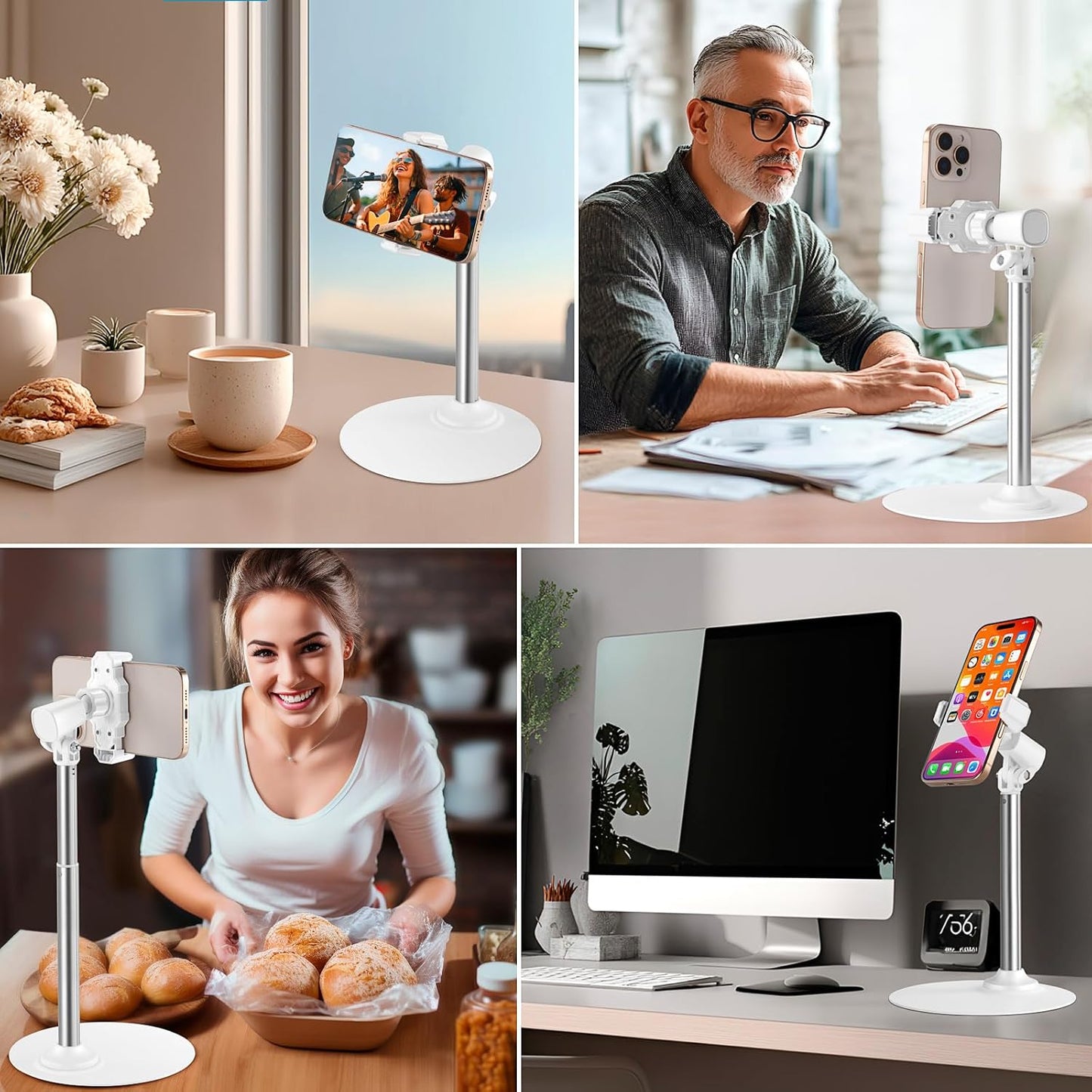 Adjustable Phone Stand for Desk with Clip Mount Live Streaming: 360° Rotatable Overhead Shot Holder with Sturdy Metal Base, Compatible with TikTok, YouTube, Zoom Video Recording (White)